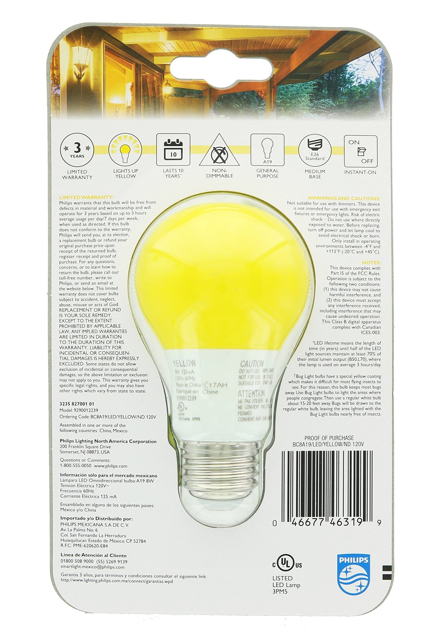 Philips 60 Watt Equivalent Yellow A19 Medium Base LED 8 Watt Equivalent Light Bulb for Insect Repellant