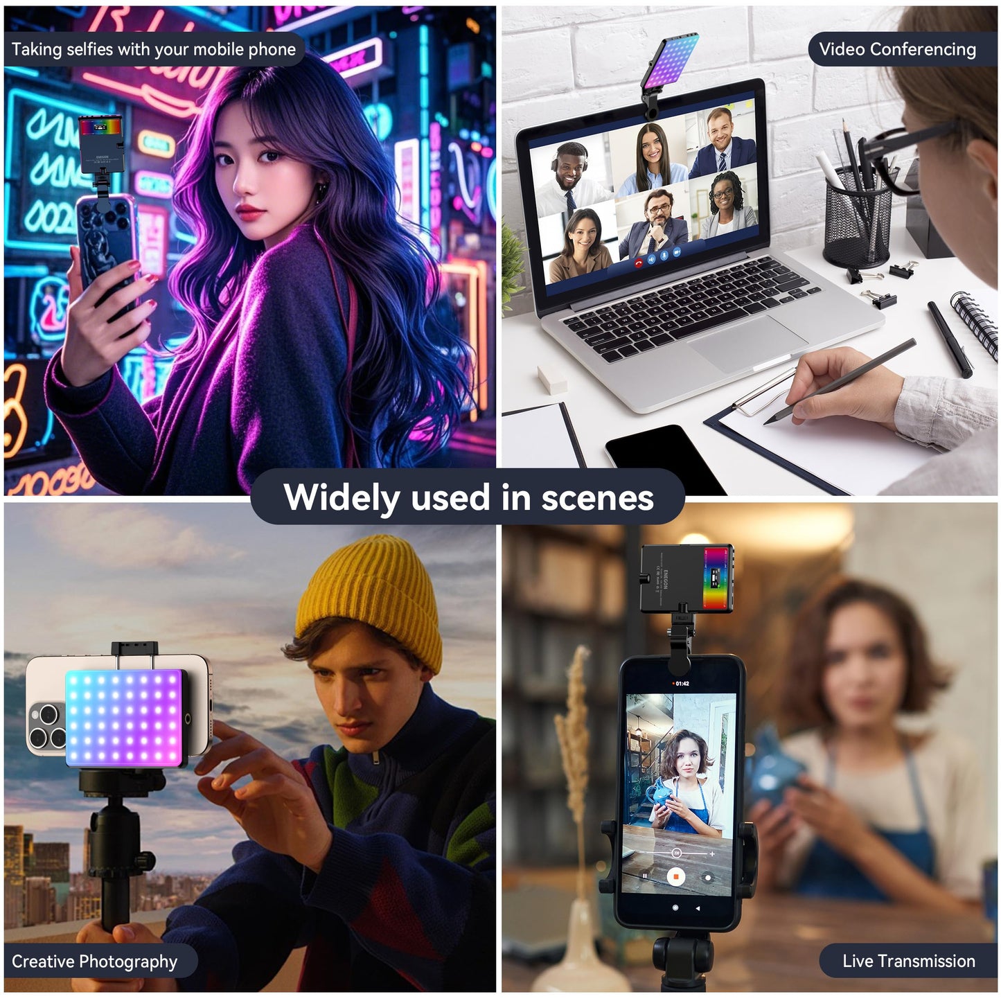 ENEGON RGB Selfie Light, 360° Full Color RGB Video Light with 24 Effects, 78 LED 2000mAh Rechargeable CRI 95+ and 2500K-9000K CCT, Portable Clip on