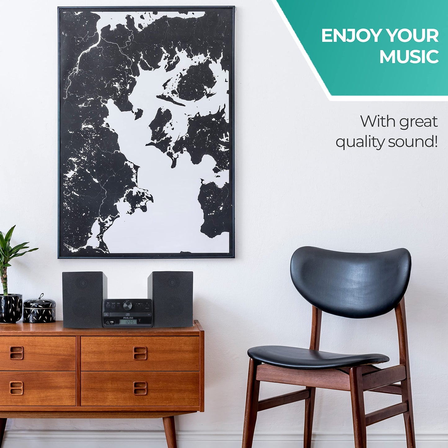 Philco Stereo Shelf Systems Tray Loading CD Player with Digital FM Radio, Bluetooth Streaming, Remote Control in Black | LCD Display | 3.5mm Headphone