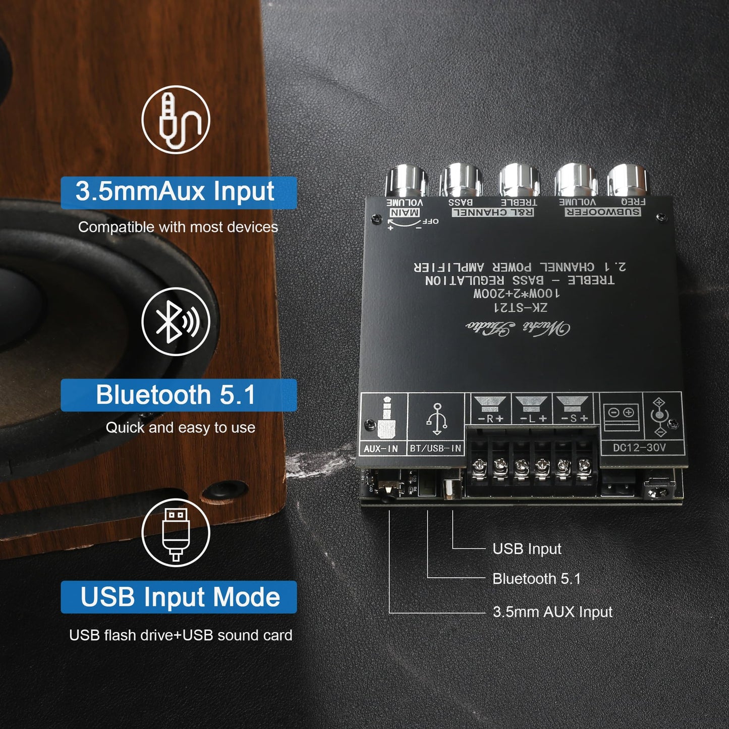 ZK-ST21 100Wx2+200W 2.1Channel Bluetooth Amplifier Board with Subwoofer, TPA3221 Chip, Bass/Treble Control, Bluetooth/AUX/USB Input, 12-30V Wide