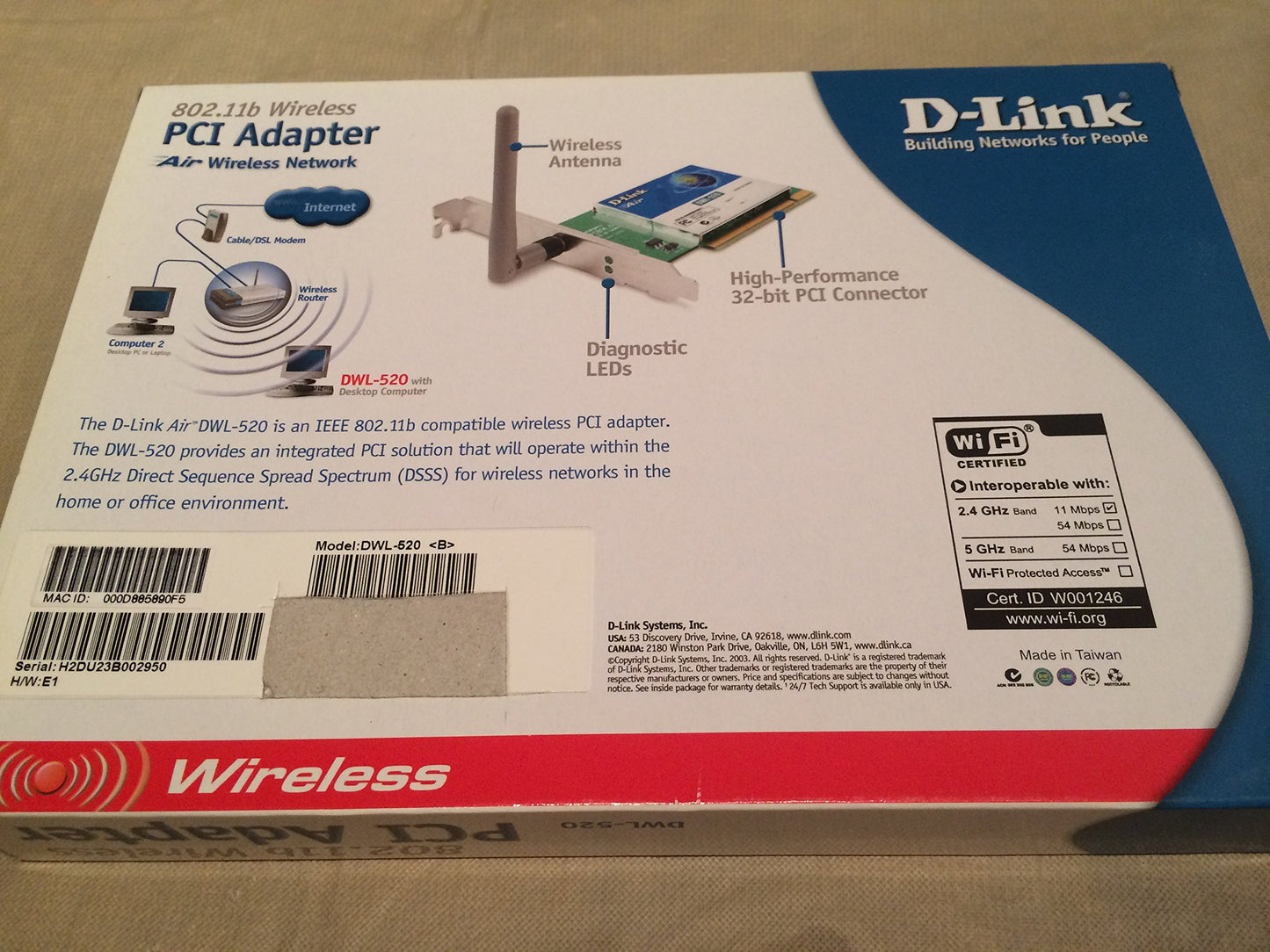 D-Link DWL-520 Wireless PCI Adapter, 802.11b, 11Mbps