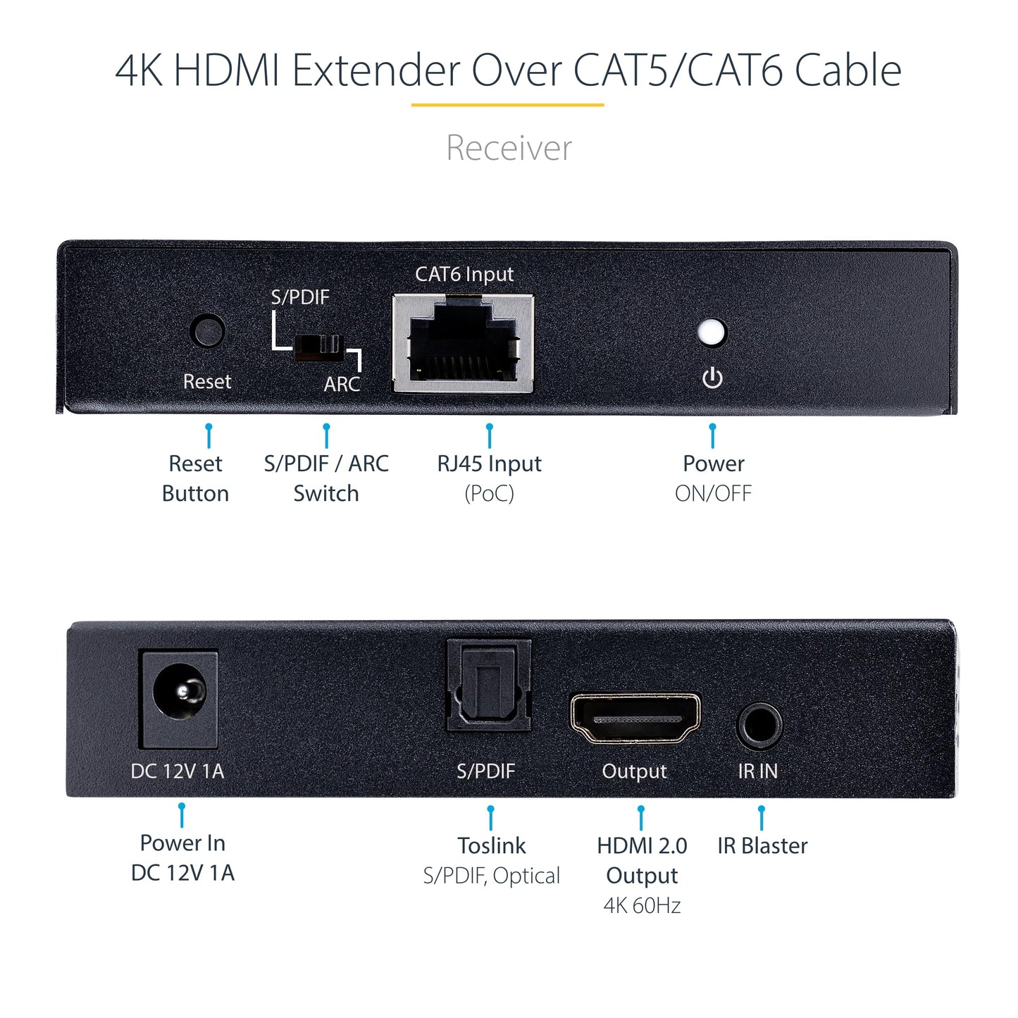 StarTech.com 4K HDMI Extender Over CAT5/CAT6 Cable, 4K 60Hz HDR Video Extender Up to 230ft (70m), HDMI Over Ethernet Cabling, S/PDIF Audio Out, HDMI
