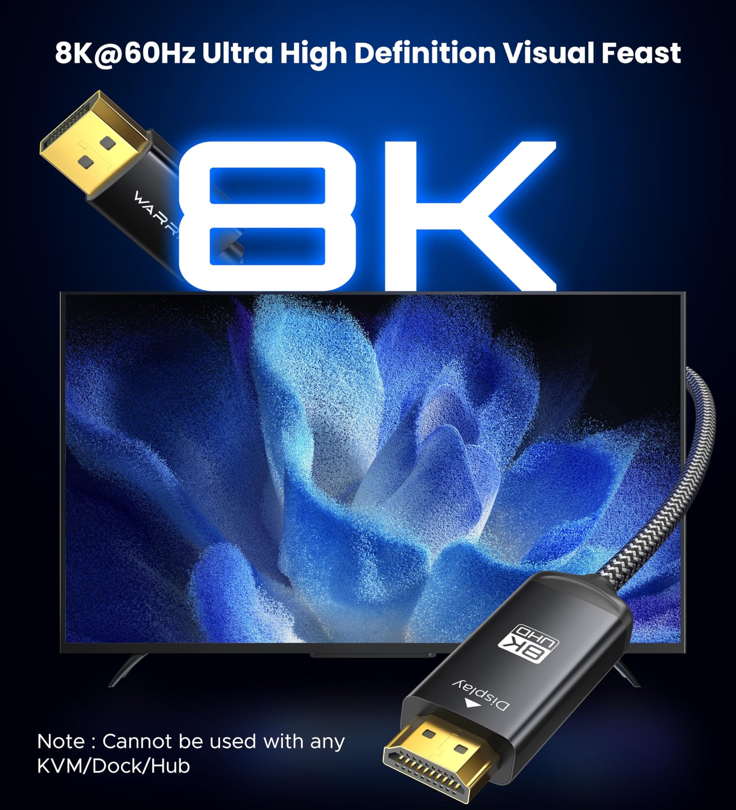 Warrky DisplayPort to HDMI Cable [8K@60Hz, 4K@240Hz, Nylon Braided, Black] 6FT Unidirectional DisplayPort 1.4 Source to HDMI 2.1 Display, DP to HDMI
