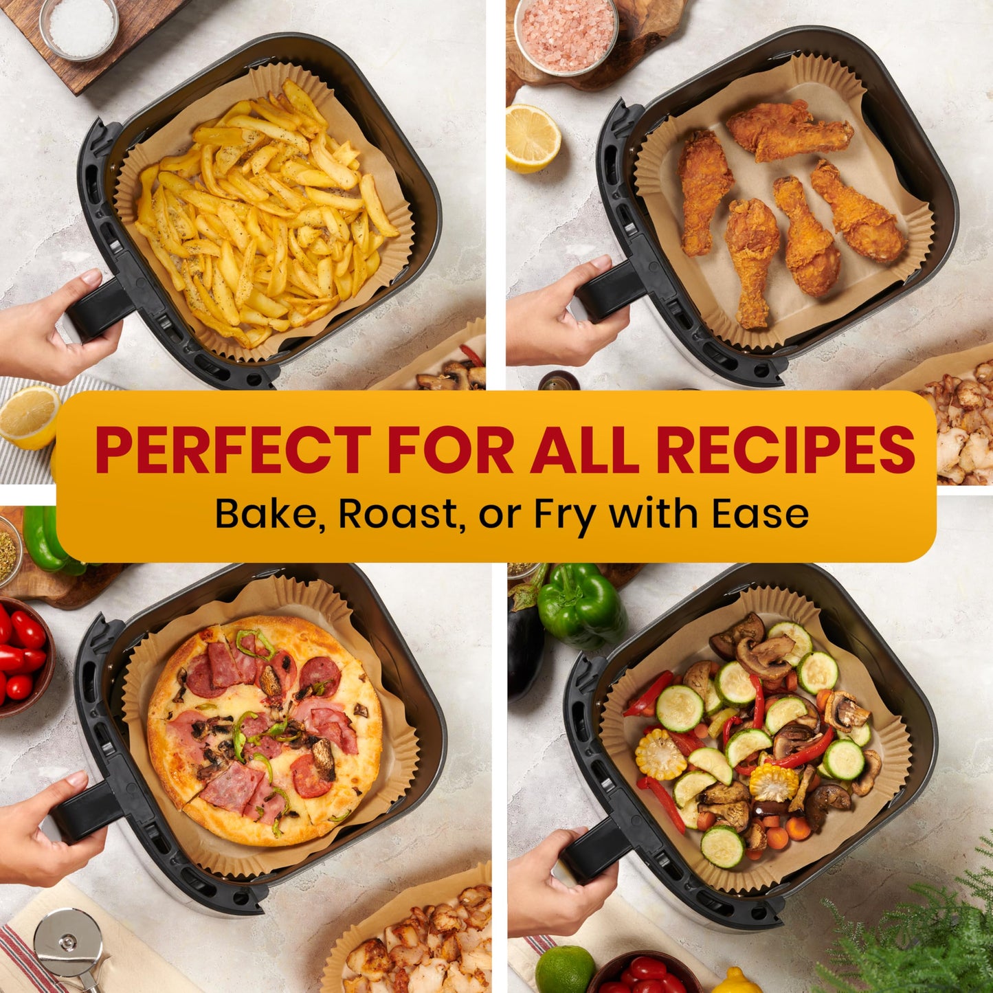 Baker's Signature Air Fryer Paper Liners, 125-Pack Disposable 8" Square, Non-Stick & Oil-Proof for 5-8 Qt Baskets, Easy Cleanup