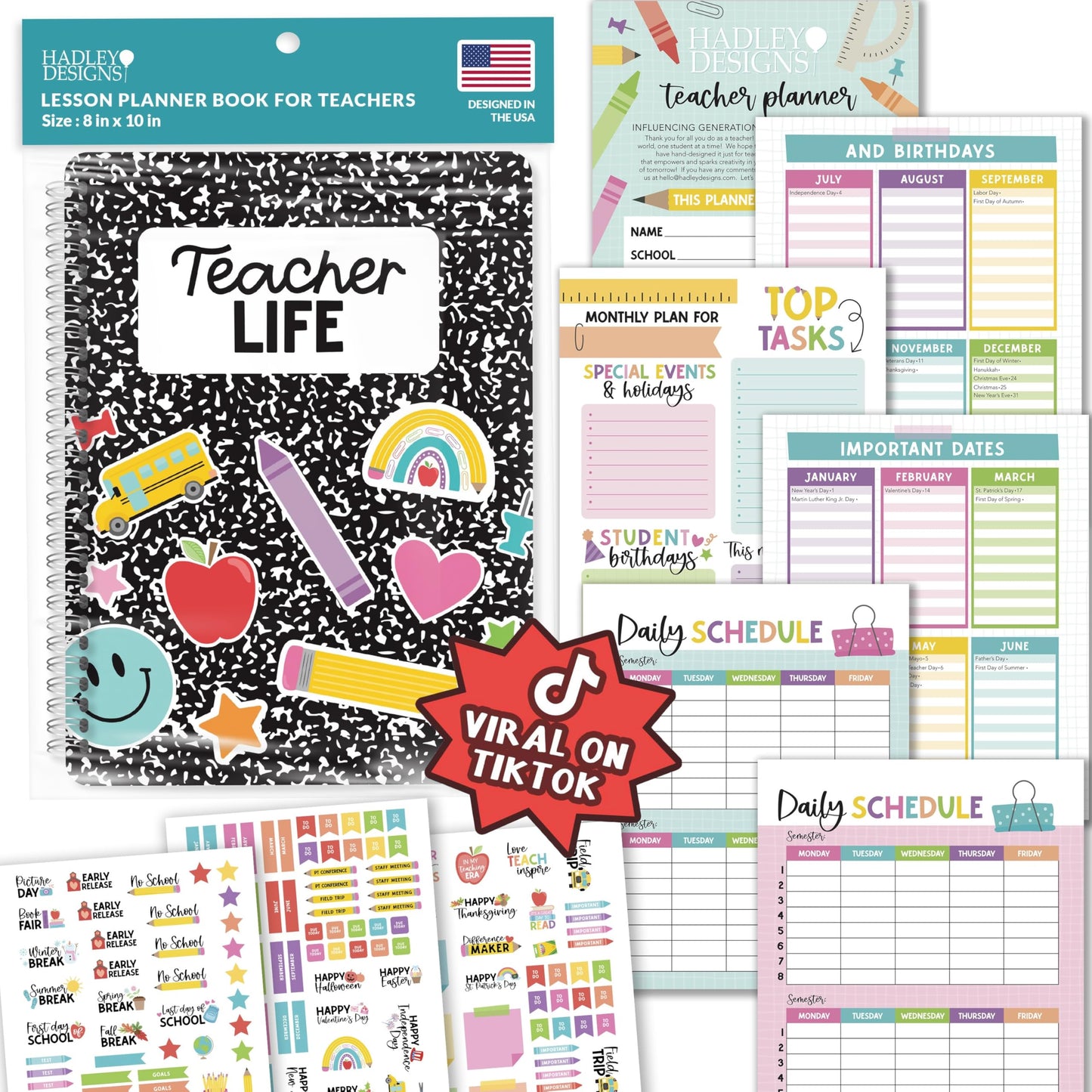 Hadley Designs Teacher Planner 2026-2027 Academic Year - Undated Teacher Lesson Planner Book for Teachers, Homeschool Planners 2026-2027, First Year