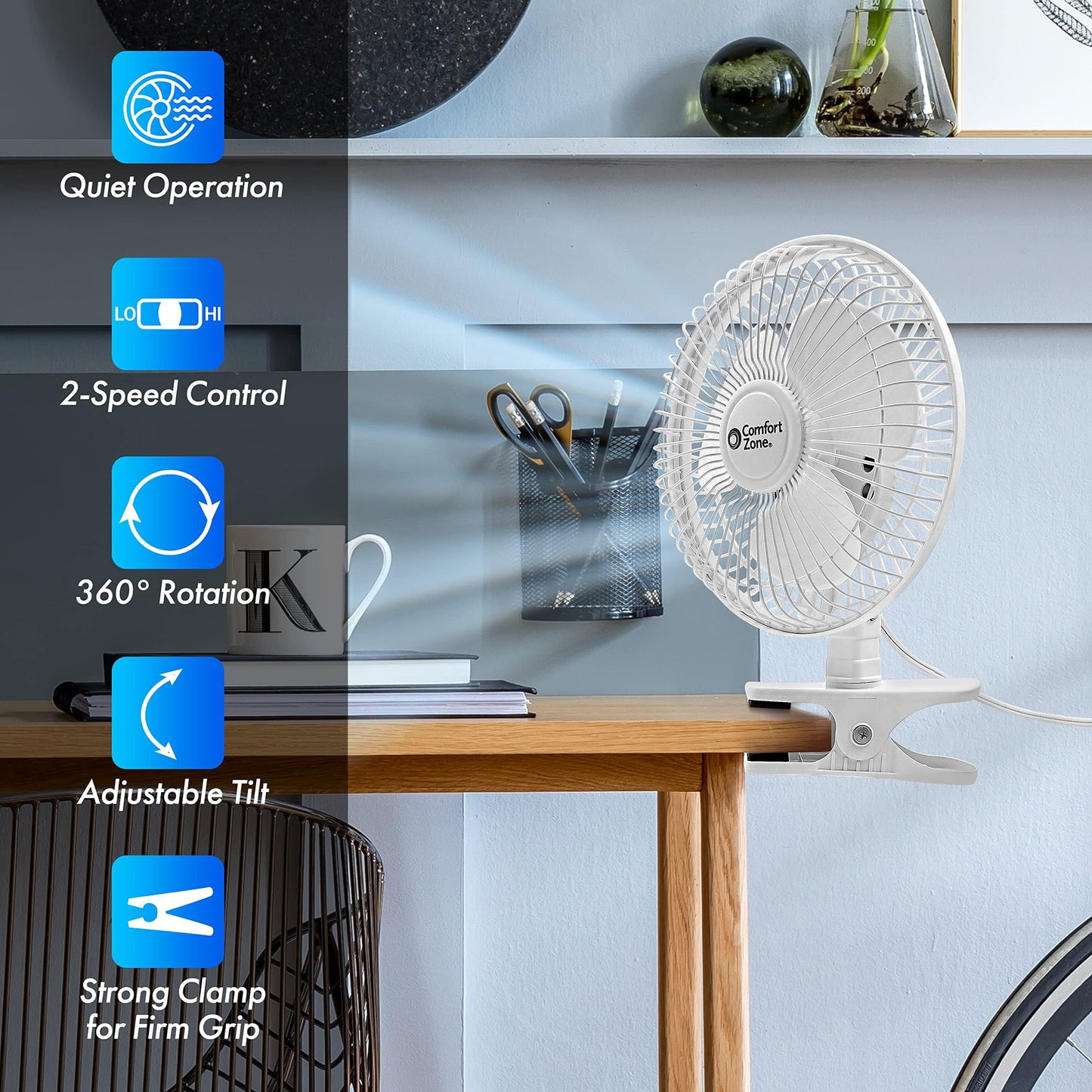 Comfort Zone Portable Clip on Fan with Fully Adjustable Tilt, Electric, 6 inch, Quiet, Indoor, 2 Speed, Mini Desk Fan, Table Fan, Airflow 6.53 ft/sec