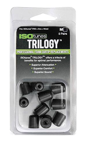 ISOtunes Trilogy™ Foam Replacement Eartips for ISOtunes PRO, Xtra, Wired (5 Pair Pack) (Medium, Black)
