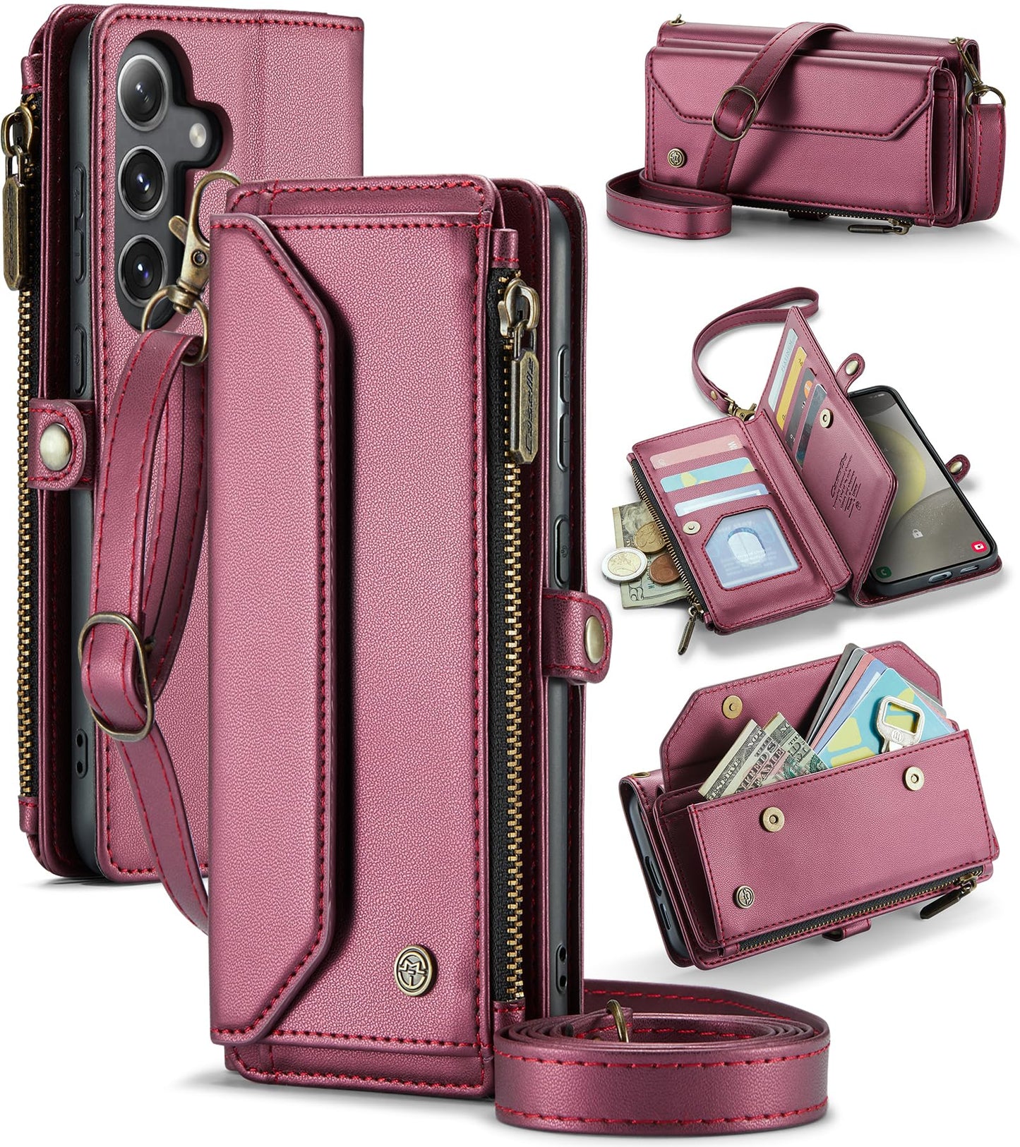 COVO for Samsung S24 Case with RFID Blocking for Samsung Galaxy S24 Wallet Case for Women Men, PU Leather Magnetic Flip Strap Zipper Card Holder Phone