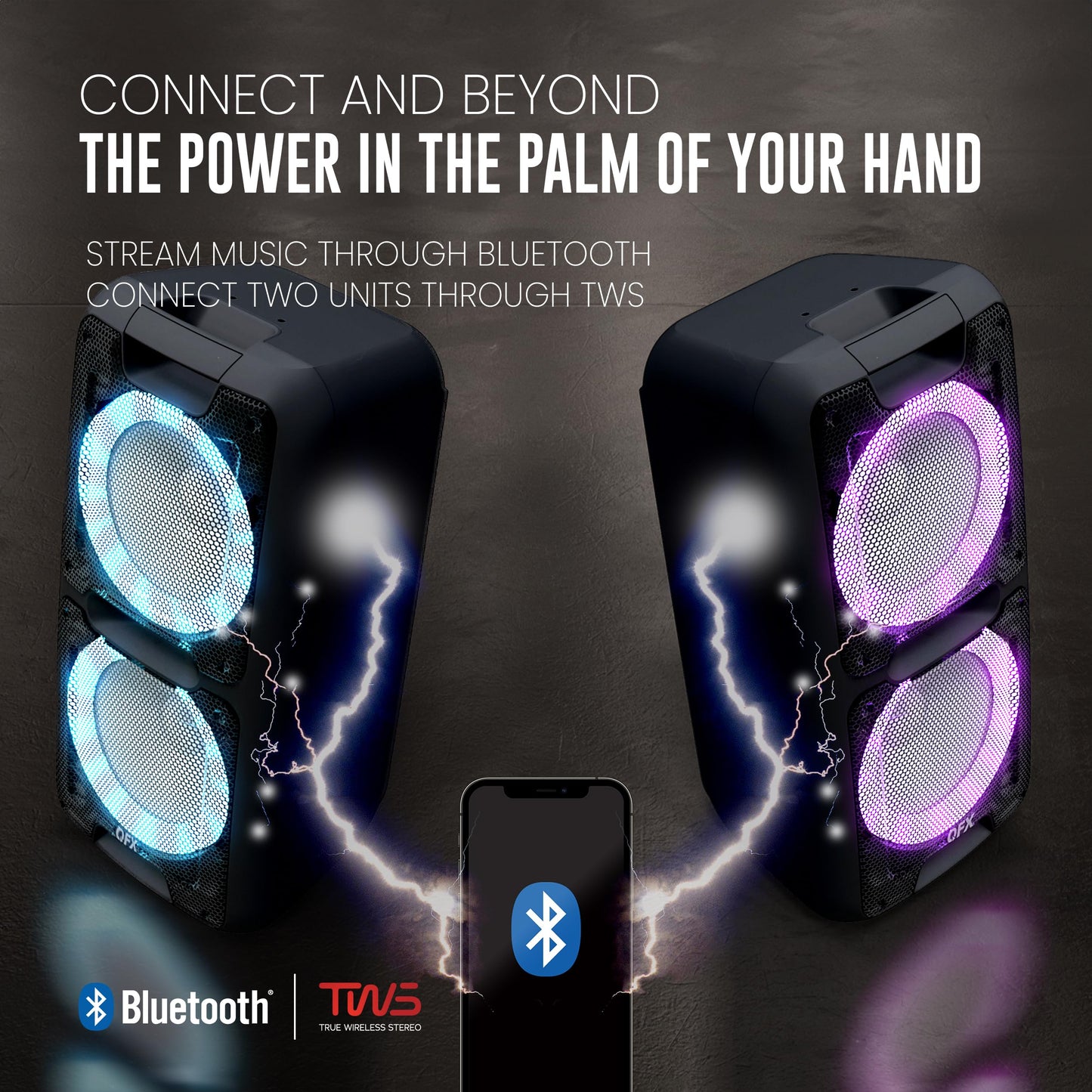 QFX PBX-100 Bluetooth Wireless Portable Party Speakers with Dual 10" Woofers - Rechargeable, LED Party Lights, 5-Band EQ, USB/TF Slot, Black