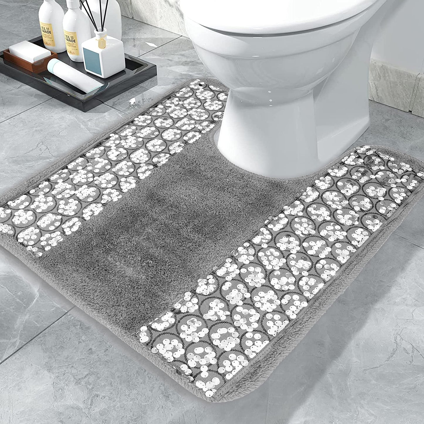 Popular Bath Sinatra Contour Silver Modern Classic Bath Accessories Decorative Beautiful Hollywood Design Bathroom Contour Rug size 21” x 24