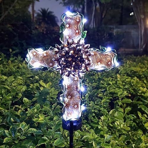 COOZZYHOUR 38inch Cross Garden Solar Lights Outdoor Decorative - Solar Metal&Glass Cross Apricot Hydrangea Flower Stake Lights- Waterproof 20 White