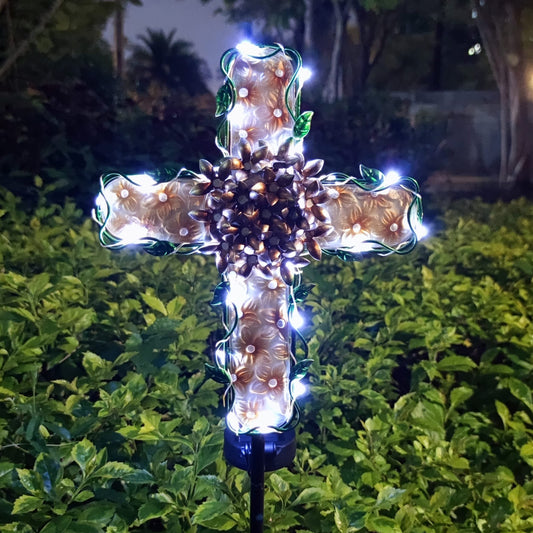 COOZZYHOUR 38inch Cross Garden Solar Lights Outdoor Decorative - Solar Metal&Glass Cross Apricot Hydrangea Flower Stake Lights- Waterproof 20 White
