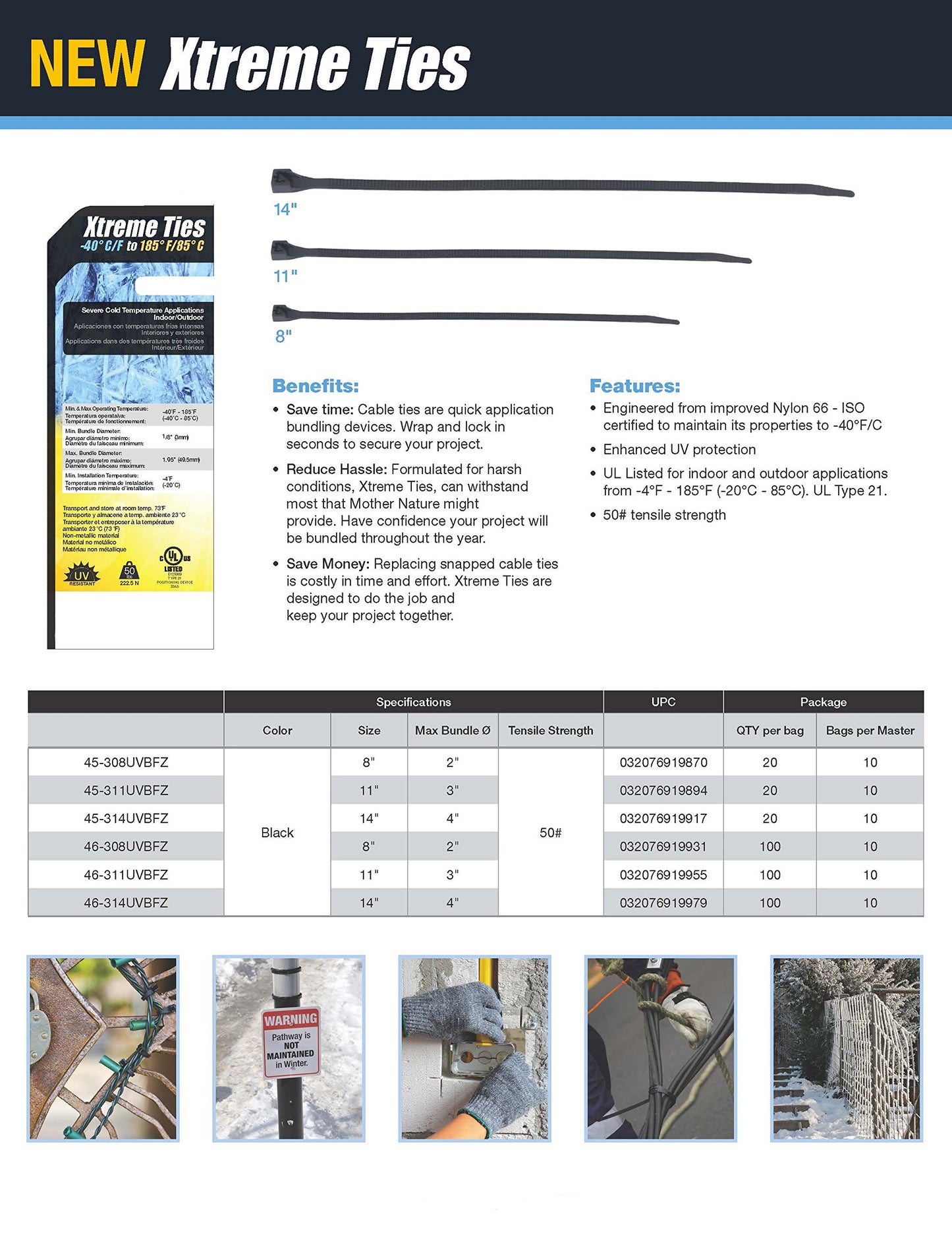Gardner Bender 46-311UVBFZ Xtreme Temperature Cable Tie, 11 inch, 50 lb, Cold and Hot Weather, Electrical Wire and Cord Management, Nylon Zip Tie, 100