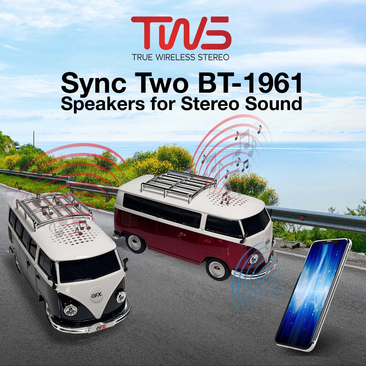 QFX Bluetooth 1961 Retro Mini Bus Speaker, 2-Inch Speaker, Hands-Free Link, Built-in Microphone, FM Radio, and LED Party Lights, Blue - BT-1961-BLK
