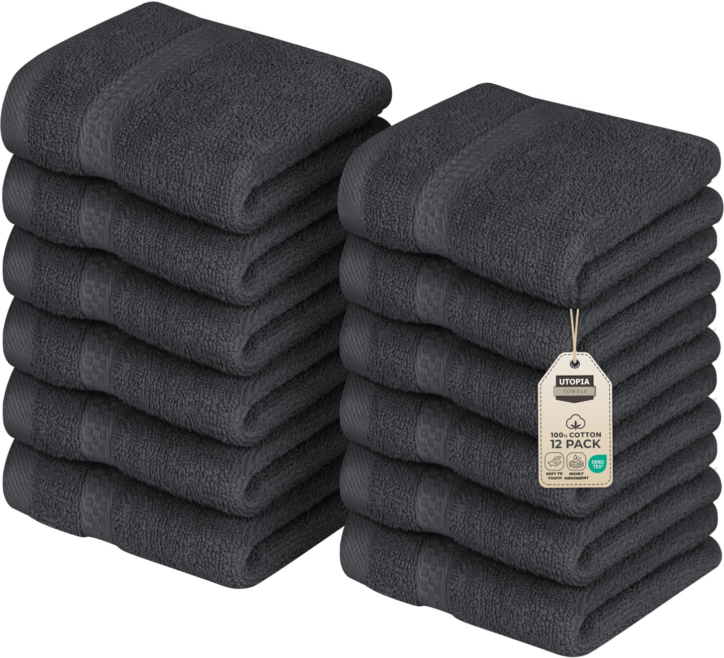 Utopia Towels 12-Pack Premium Washcloths, 12x12 in, 100% Cotton Ring Spun, Soft & Highly Absorbent for Bathroom, Spa, Gym & Face, Grey