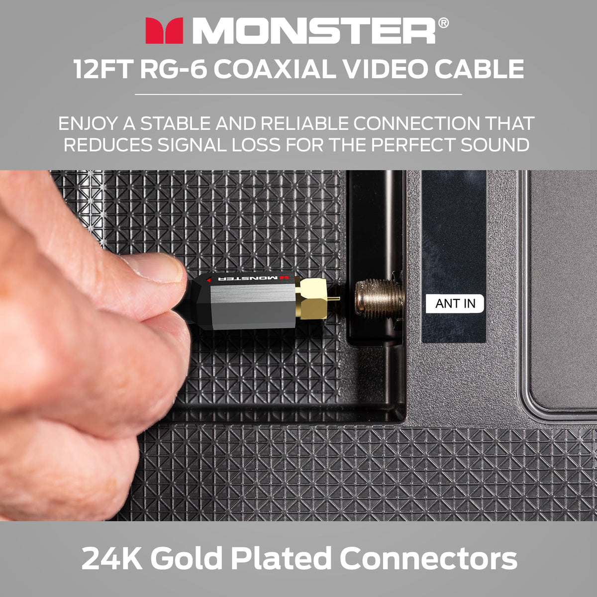 Monster Essentials RG-6 Coaxial Cable, 12ft, Gold-Plated F-Pin Connector, Duraflex Jacket, Shielded Cable for TV, Satellite, and Internet Modem Connections