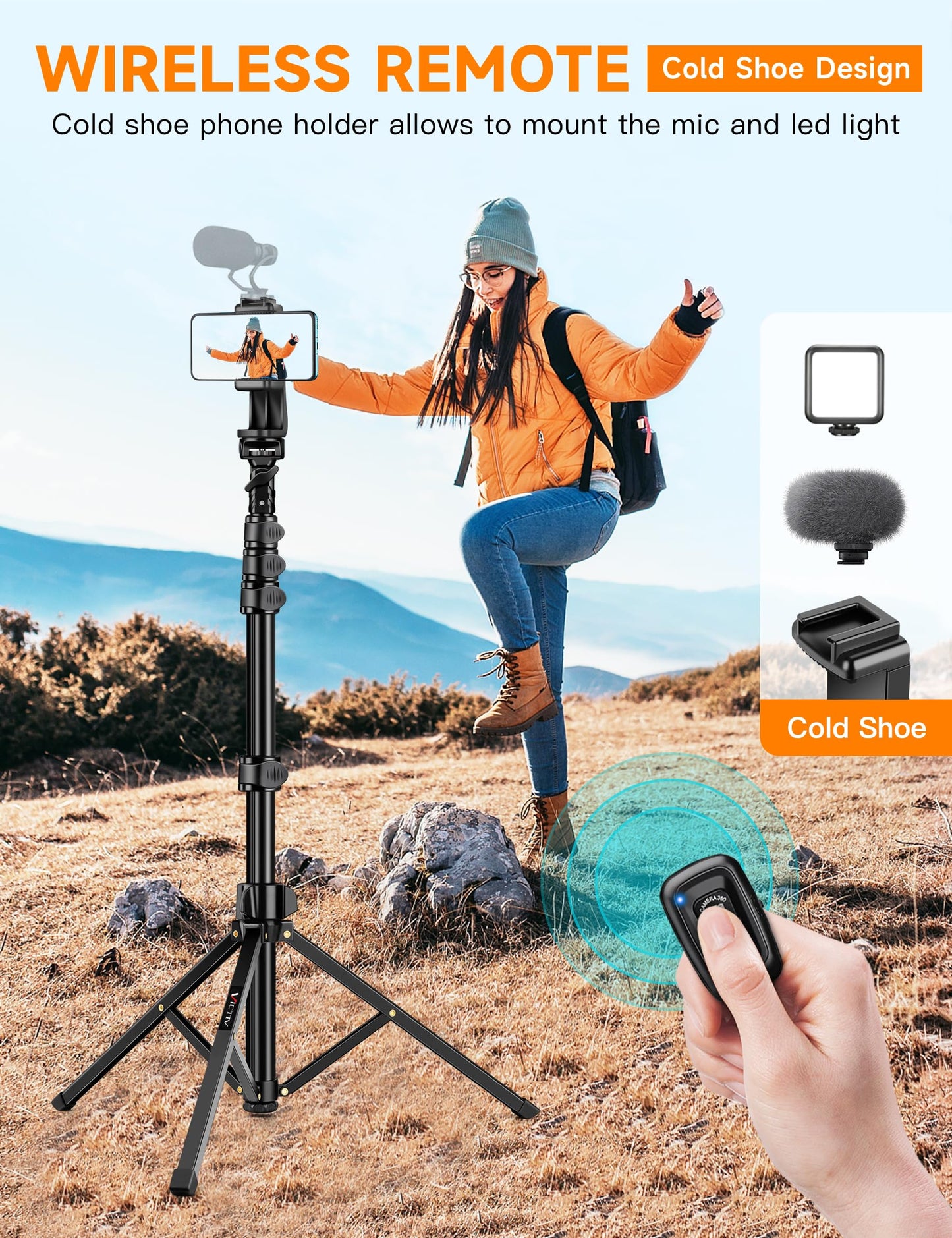 Phone Tripod, 86" Tall Tripod for iPhone with Flexible Gooseneck & Remote, Portable Aluminum Cellphone Stand for Selfies, Video Recording,Travel