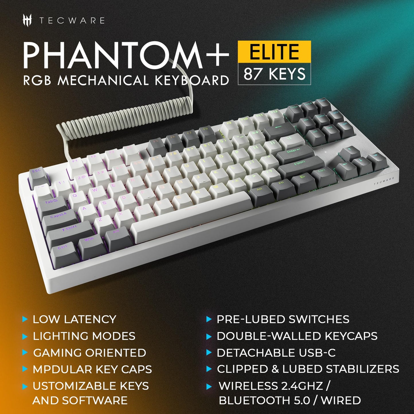 TECWARE Phantom+ Elite 87 Mechanical Gaming Keyboard | RGB LED Backlit | Hot Swappable Wraith Brown Switches | 87 Key TKL Layout | Thocky Sound