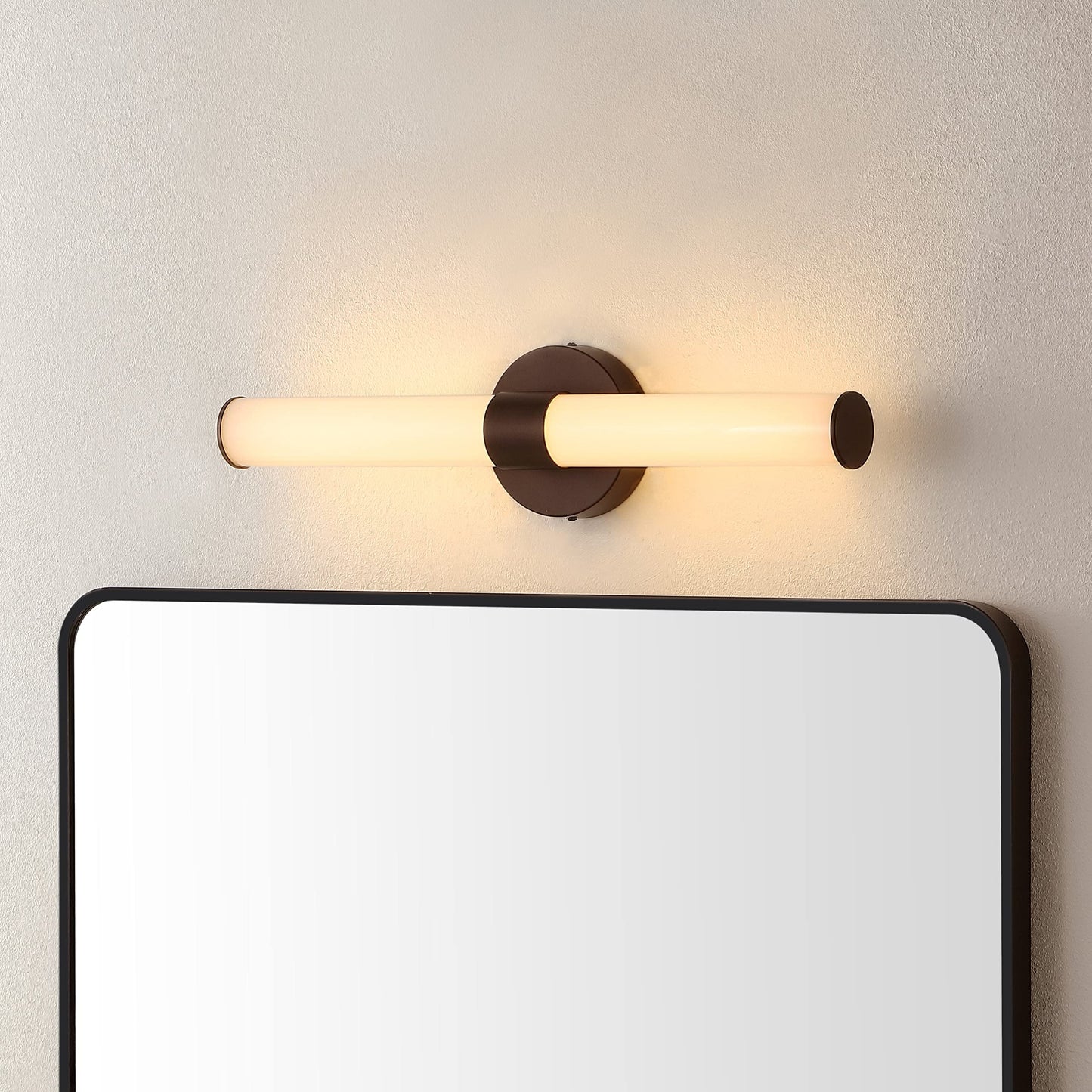 JONATHAN Y 20" Oil Rubbed Bronze/White Integrated LED Vanity Light, Mid-Century Modern Iron Sconce with Frosted Acrylic Shade, Dimmable Bathroom Light