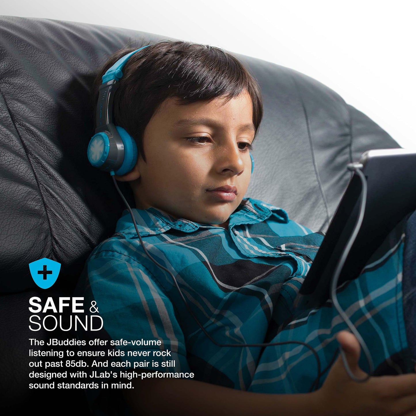 JLab JBuddies Folding Kids Wired Headphones with Volume limiting and Noise Isolation, Gray/Blue