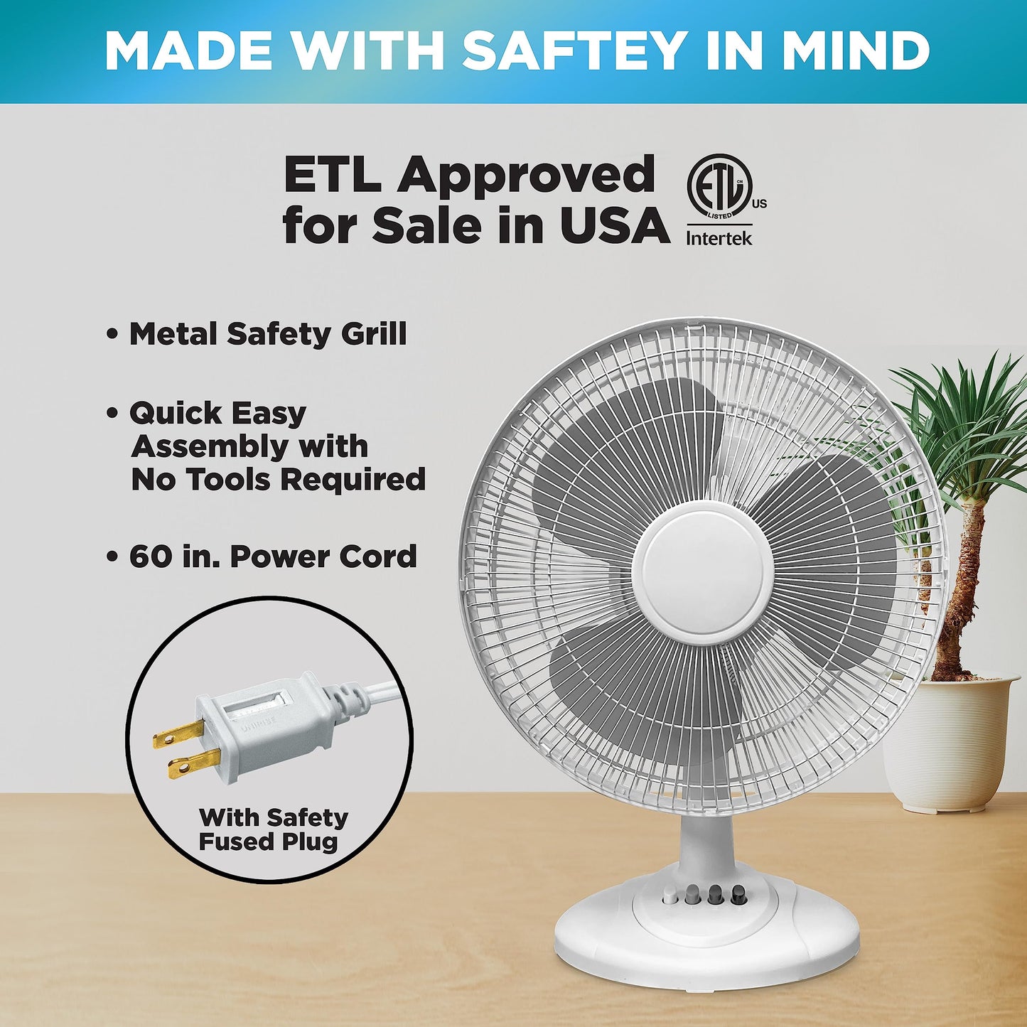 EZ-Chill 12” 3-Speed Oscillating Table Fan with Adjustable Tilt, Convenient Push Button Controls, Quiet Operation, White, SB-MTSH05