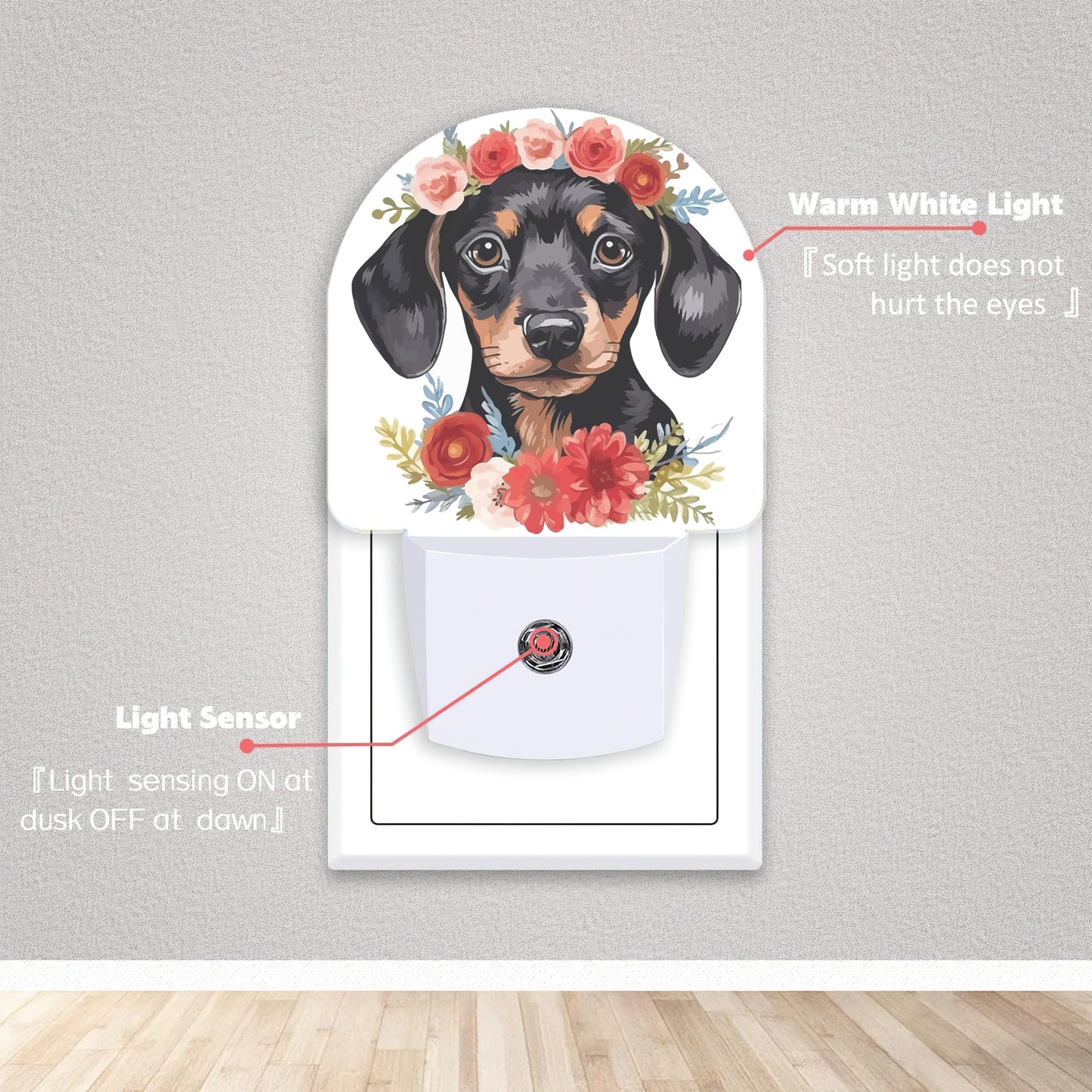 Axxitude Cute Dachshund Flowers Night Lights Plug into Wall for Girls Boys Room,Night Light LED Lamp Dusk to Dawn Sensor Round Lamp for Bedroom