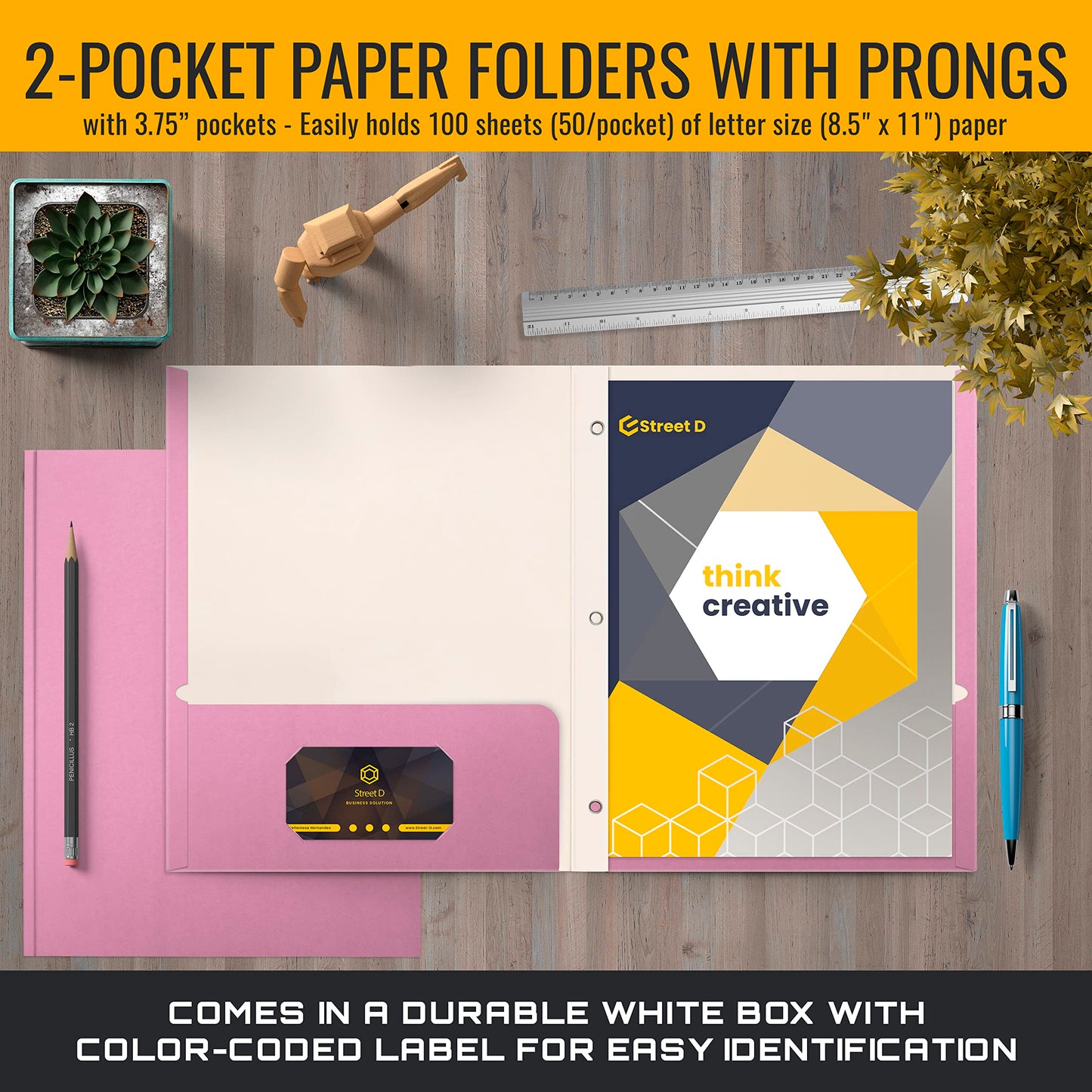 Better Office Products Pink Paper 2 Pocket Folders with Prongs, 50 Pack, Matte Texture, Letter Size Paper Folders, 50 Pack, with 3 Metal Prong