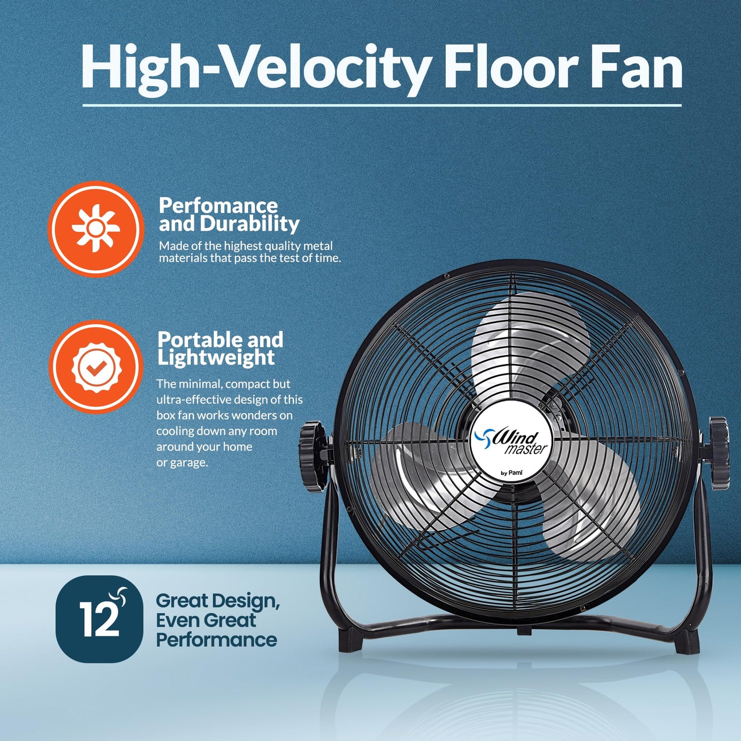 PAMI 12 in High-Velocity Floor Fan,3 Speed,Adjustable Head,Metal,Heavy Duty