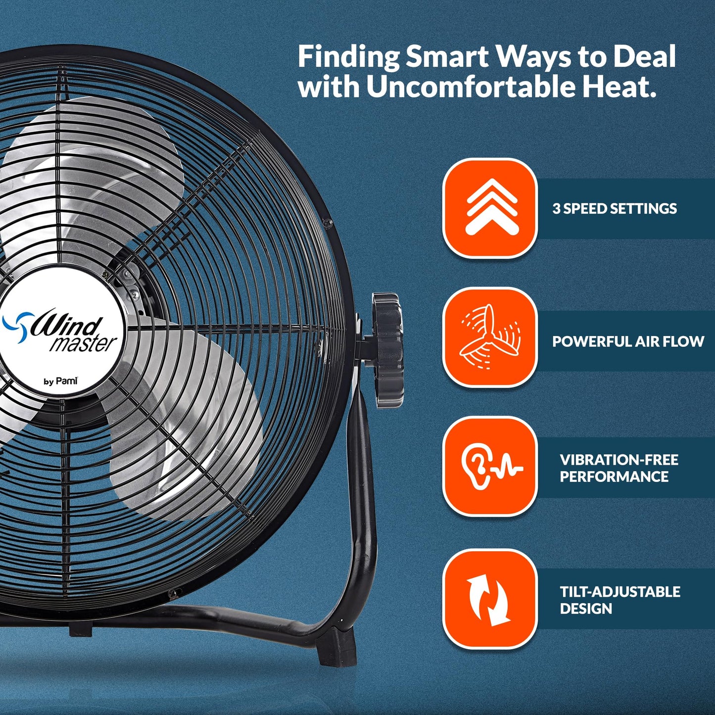 PAMI 12 in High-Velocity Floor Fan,3 Speed,Adjustable Head,Metal,Heavy Duty