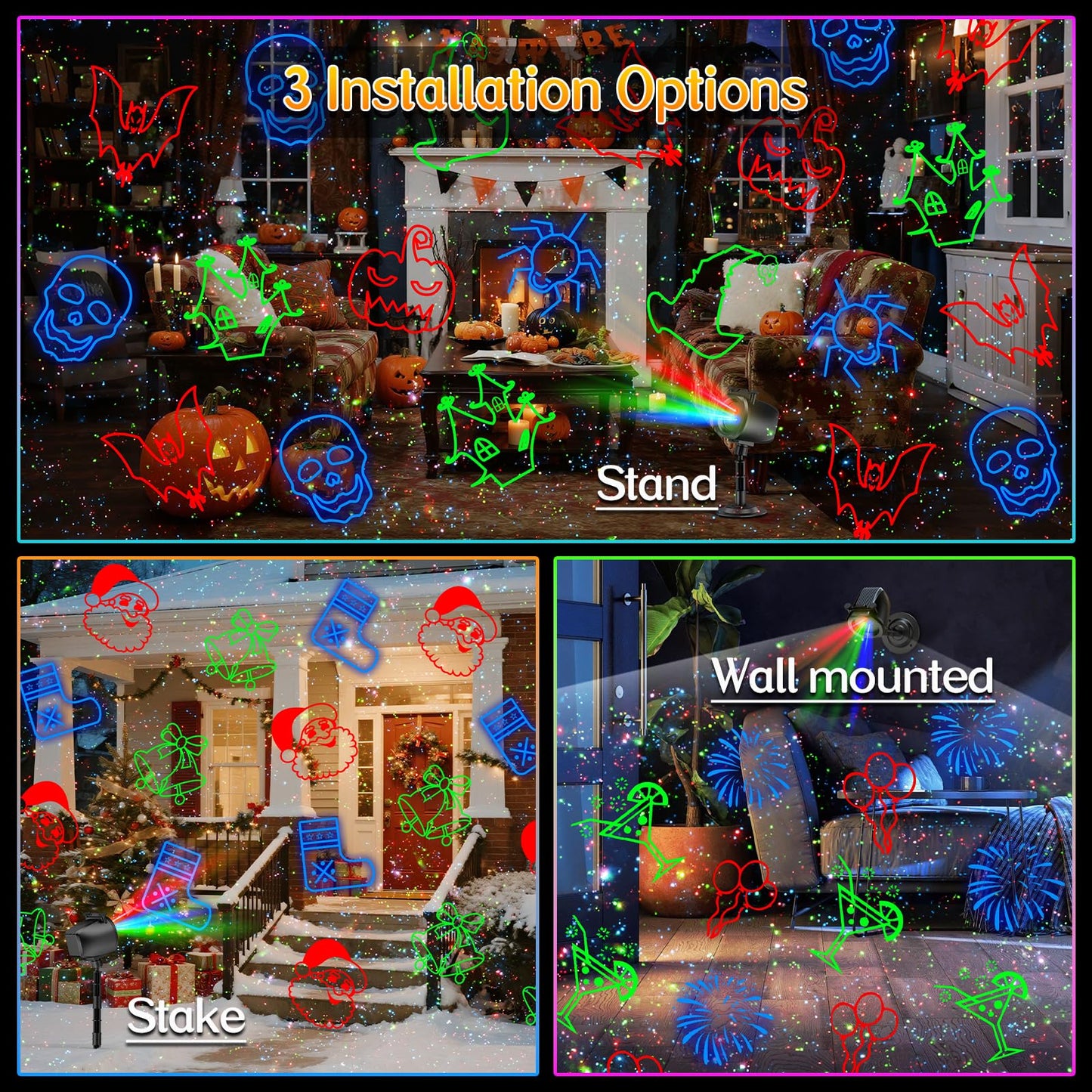 Christmas Lights Projector Outdoor, 2-in-1 Holiday Light Projector with 4 Slides & 8 Brighter HD Patterns, Moving RGB Firefly Effects Light