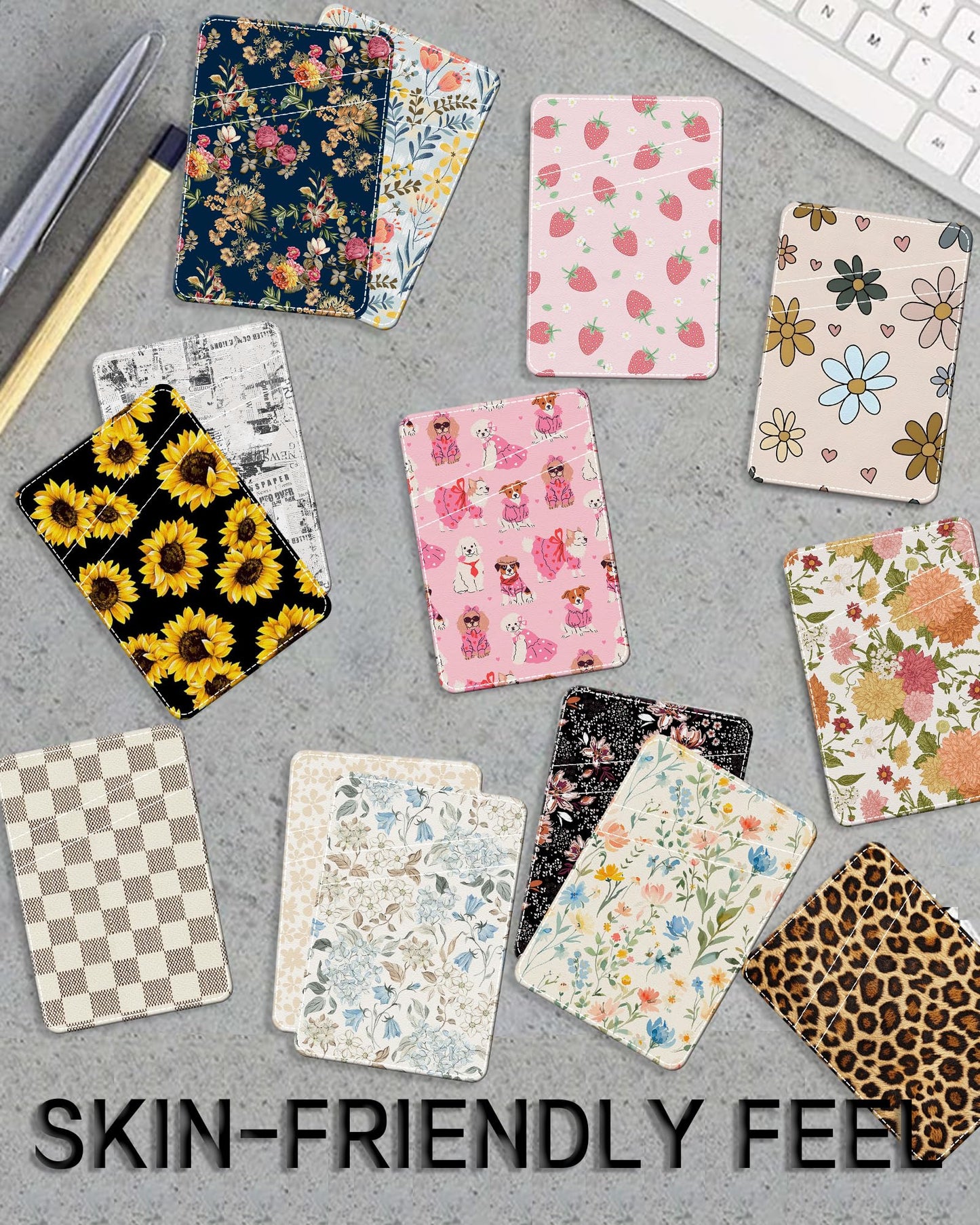 AWHSCP Cute Leather Phone Wallet Stick On, Dual Pocket Credit Card Sticky Wallet, Compatible with Most Cell Phones, Watercolor Flowers