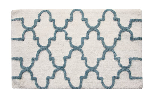 Saffron Fabs Bath Rug 100% Soft Cotton, Size 34x21 Inch, Latex Spray Non-Skid Backing, White/Arctic Blue Color, Geometric Pattern, Hand Tufted, 190…