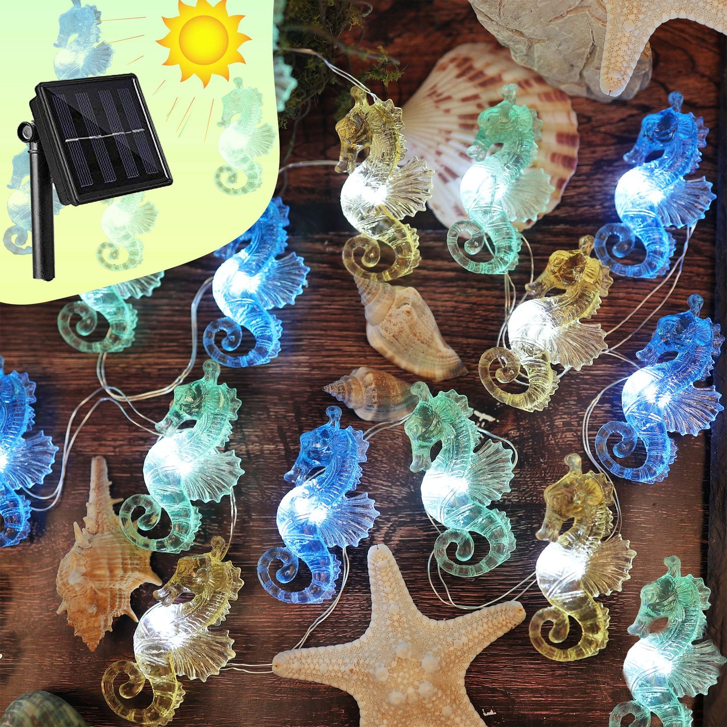Solar String Lights Seahorse Outdoor Decorative Fairy Solar Light for Outside Garden Decor Waterproof Ocean Nautical Sea life Ocean Balcony Patio