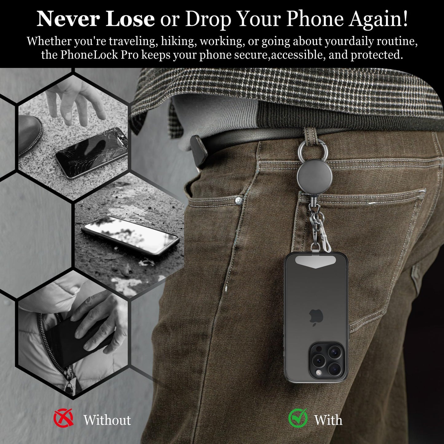 DINALLE Retractable Cell Phone Lanyard, Heavy Duty Metal Anti-Theft Phone Tether with Belt Clip Carabiner, Metal Universal Anchor, 28" Retractable