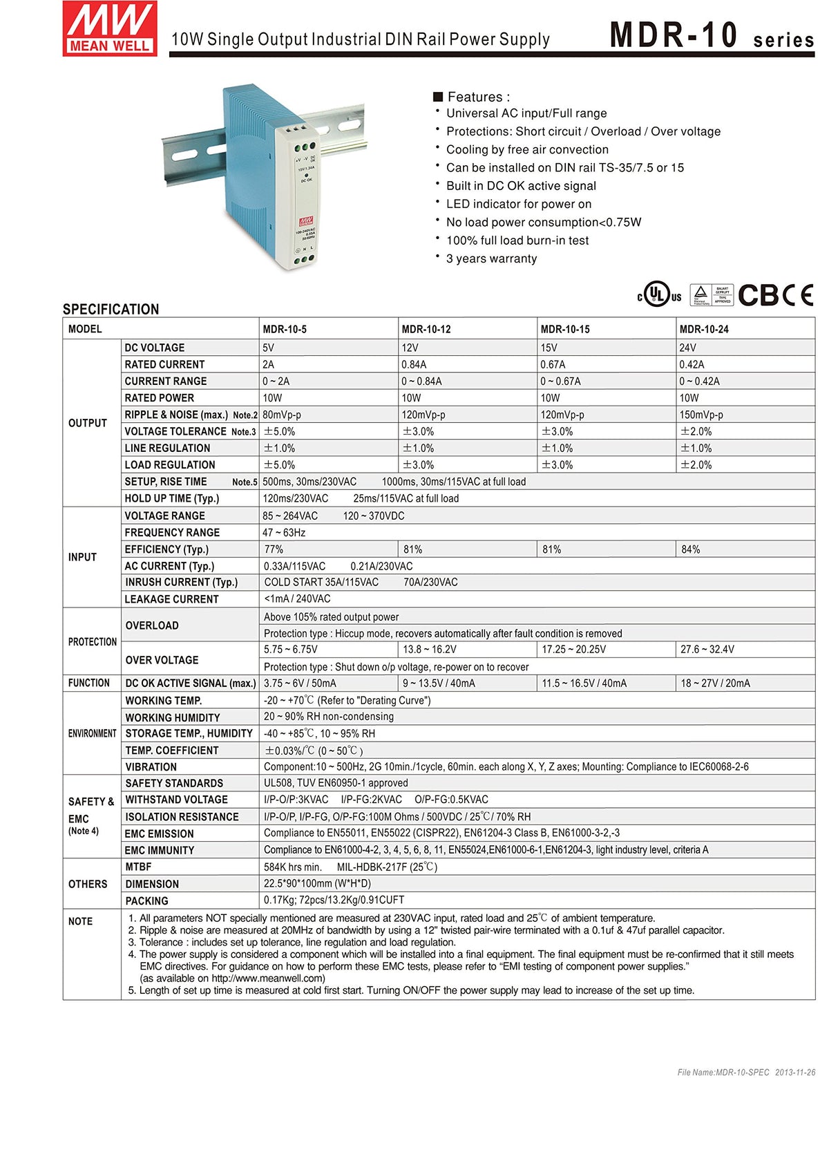 Mean Well Original MDR-10-5 Single Output Industrial DIN Rail Power Supply 5V 2A 10W