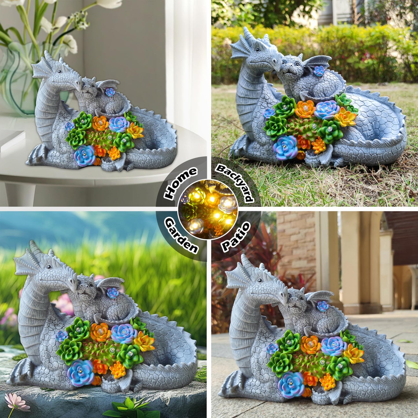 VIOYOUNS Solar Dragon Statue with LED Lights, Dargon Lover Gifts with Succulent and 6 LED Lights for Outdoor,Solar Dragon Decor for Yard, Garden