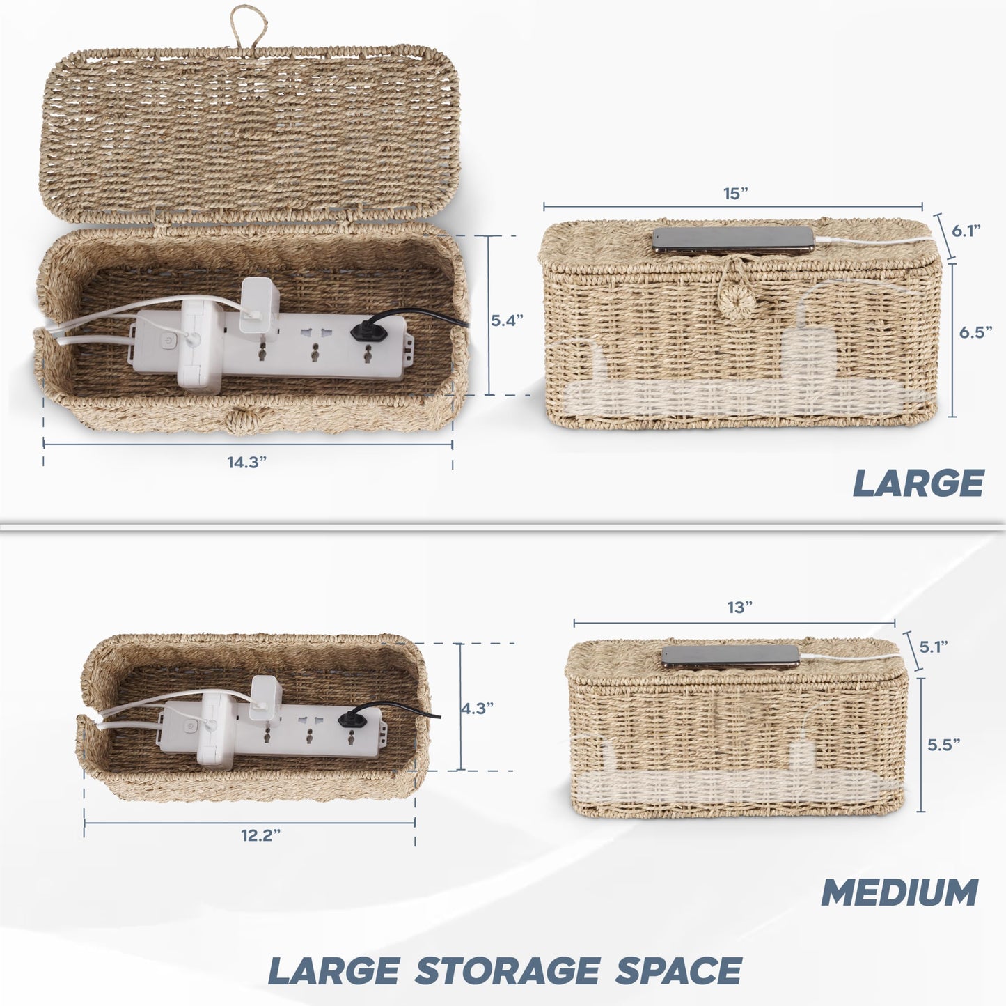 2-Pack Large Cable Management Box, Natural Rattan Cable Cord Organizer Boxes for Power Strip - 2 Open Slots Cords Hider Box for TV Wires, Computer