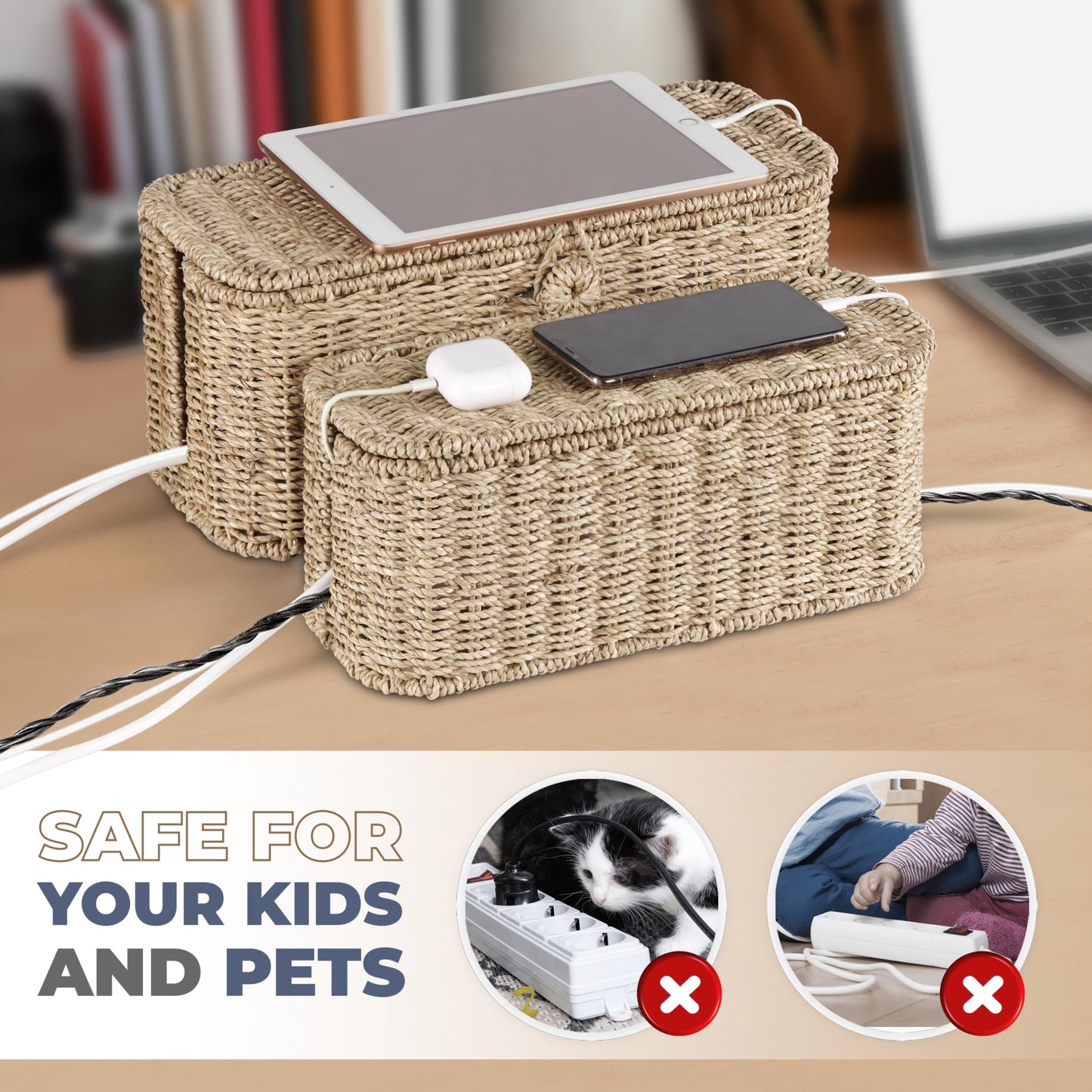 2-Pack Large Cable Management Box, Natural Rattan Cable Cord Organizer Boxes for Power Strip - 2 Open Slots Cords Hider Box for TV Wires, Computer