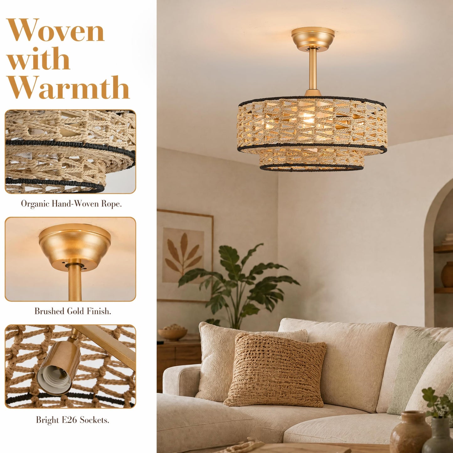 Bewishing Semi-Pendant Fandelier 20“ Boho Ceiling Fan with Light, Elegant Hanging Drop Style Chandelier Fan for Bedroom, Living Room, Even Light