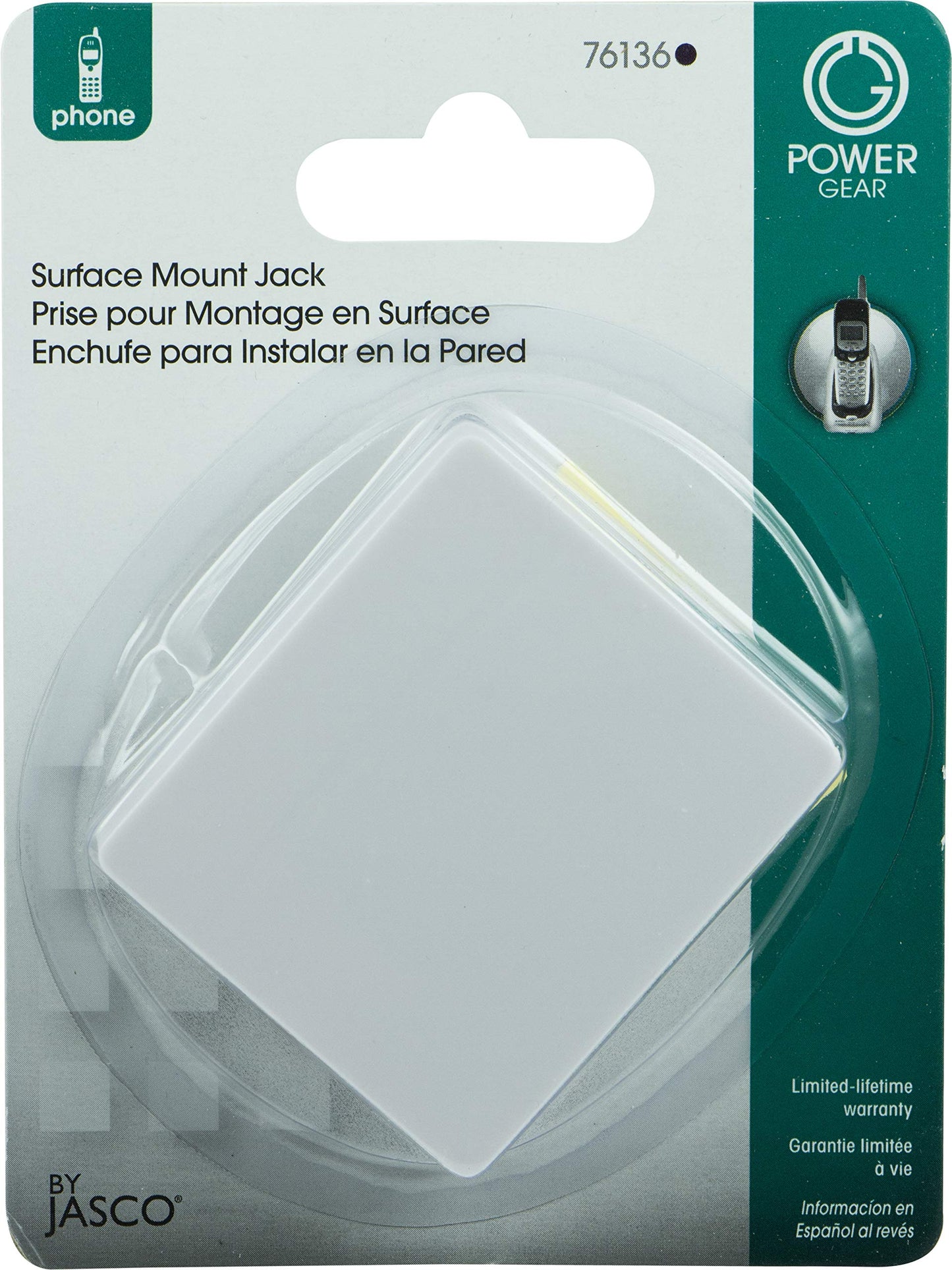 Power Gear Surface Mount Jack, Attach to Walls, Receptacles, Baseboards, Compatible with Standard Phone Plugs, RJ14, RJ11, Answering Machines, Modems