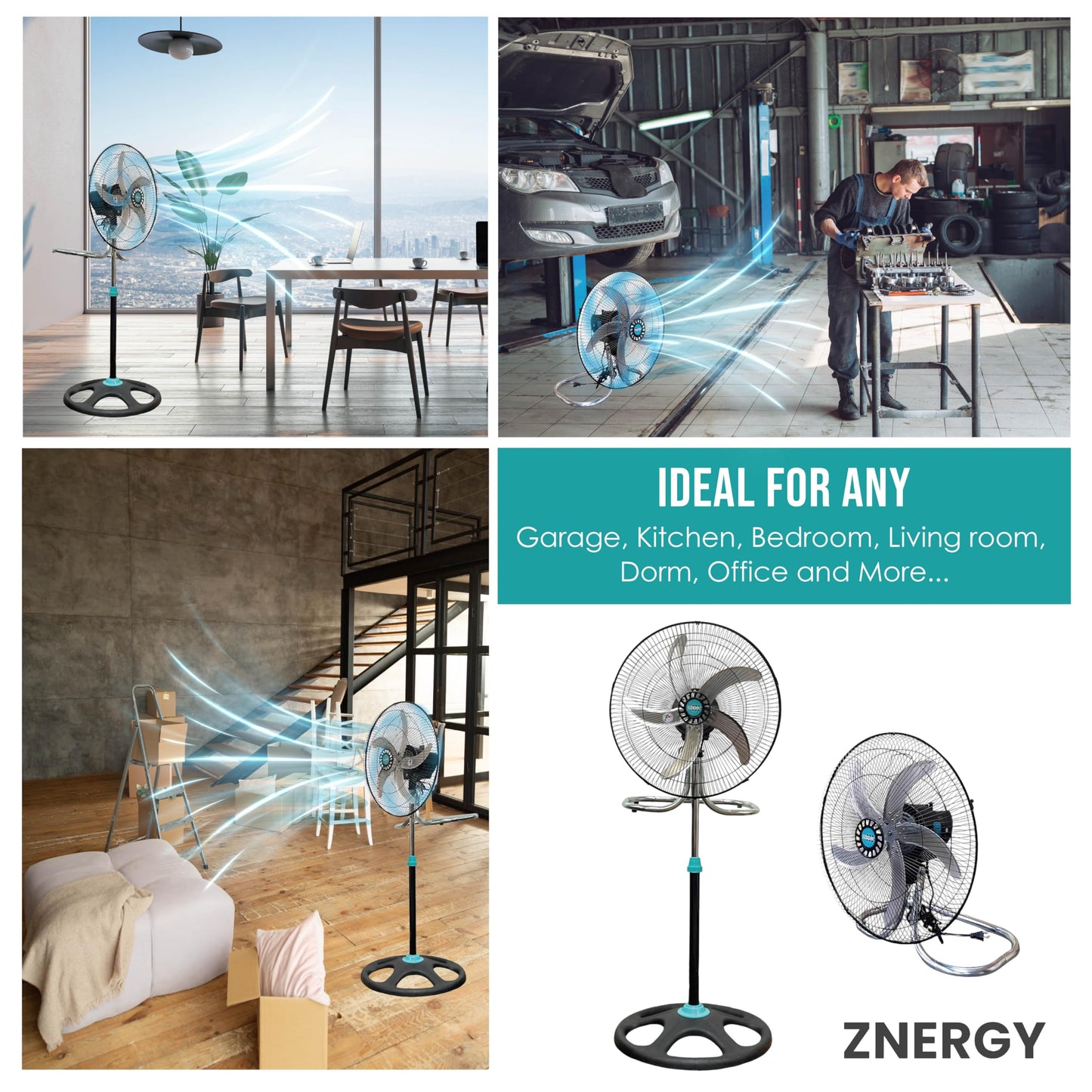ZNERGY 2 Packs 3850CFM 18inch 2in1 Modern Industrial Floor and Stand Fans Metal Blades 3 Speeds Oscillation Adjustable Heights for Livingroom, Dining