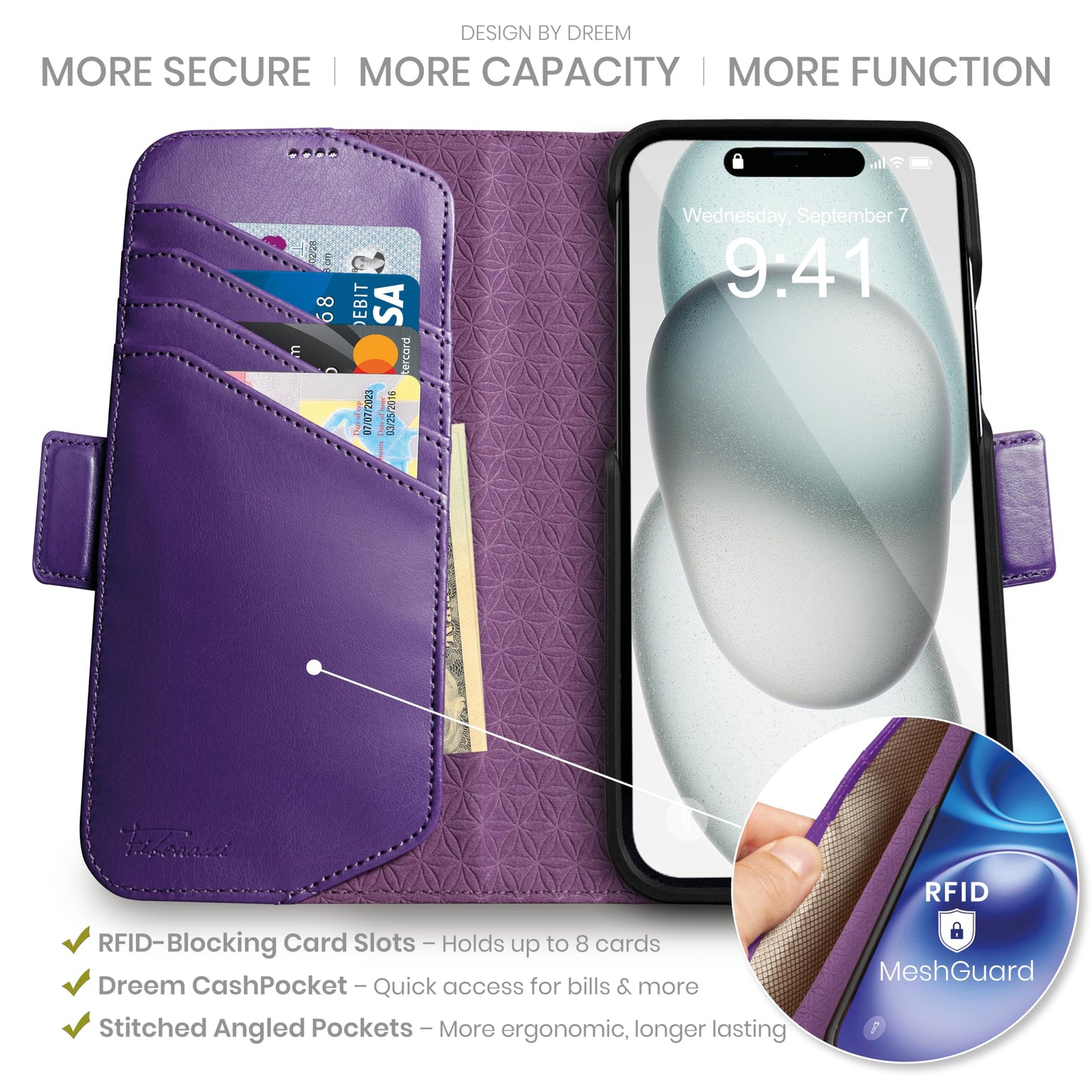 Dreem Wallet Case for iPhone 15 Plus, Revolutionary Vert/Hor Phone Stand, Magnetic Detachable Vegan Leather Flip Cover RFID Blocking Card Holder