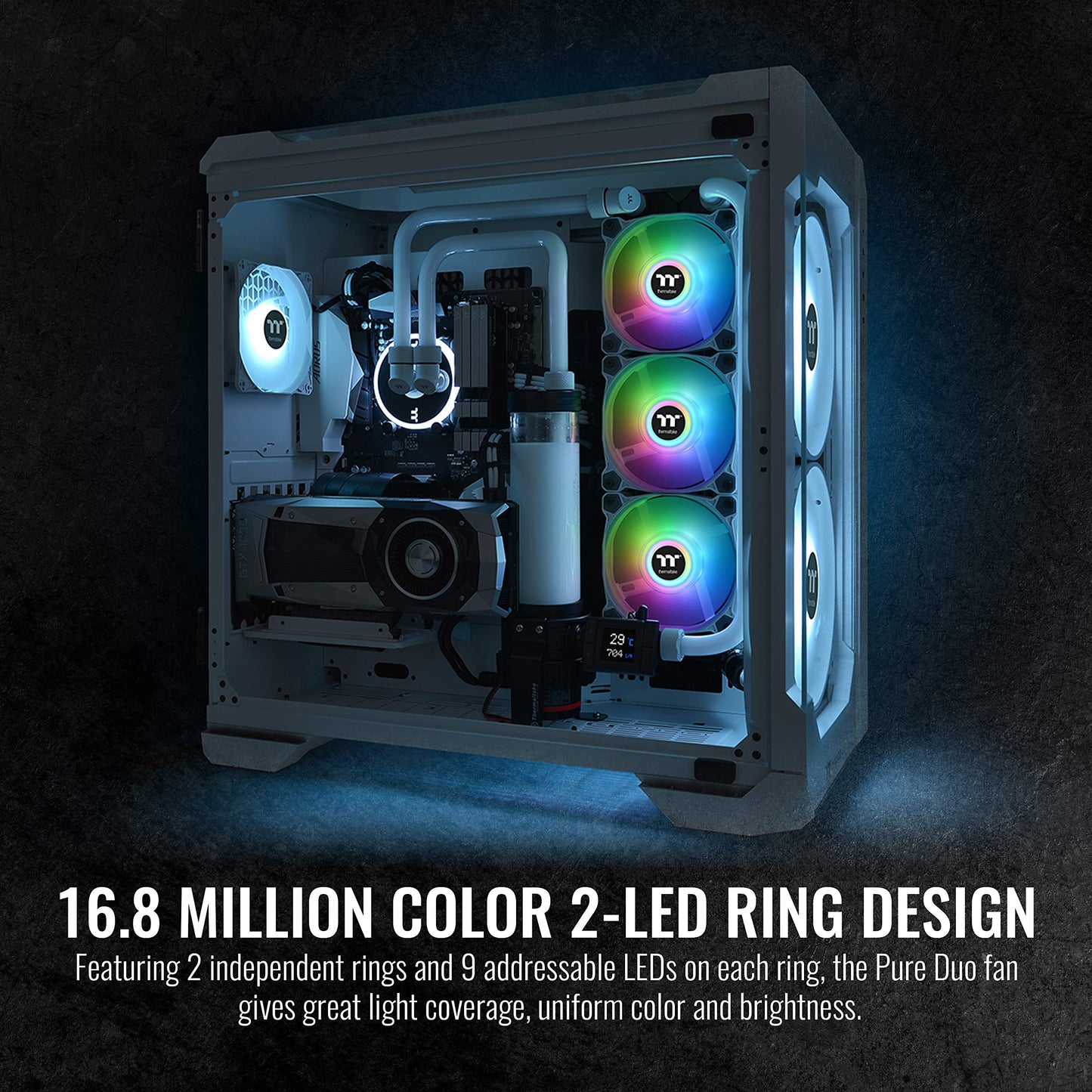 Thermaltake Pure Duo 140mm 16.8 Million RGB Color 5V ARGB Motherboard Sync 2 Light Rings 18 Addressable LED 9 Blades Hydraulic Bearing White