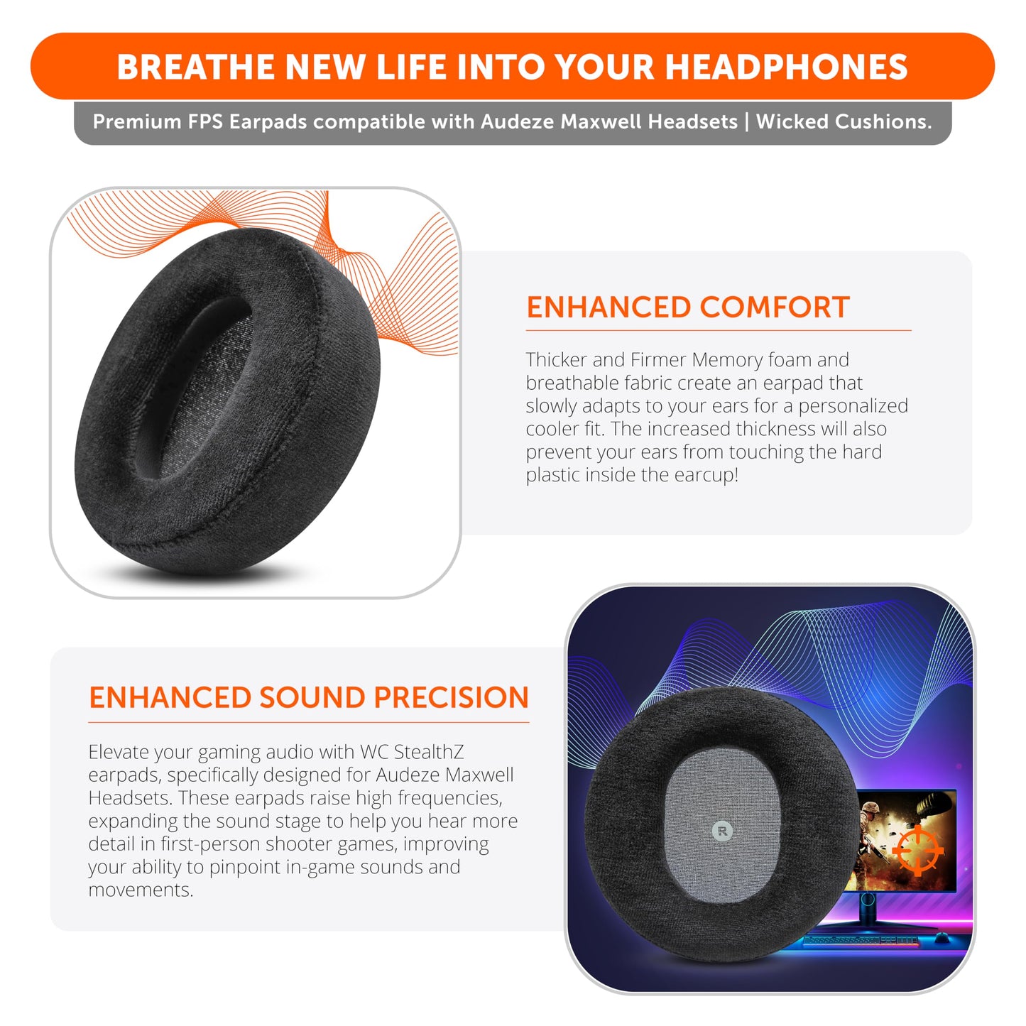 WC StealthZ Maxwell - FPS Oriented Earpads for Audeze Maxwell for Xbox & PS5 by GadgetryTech & Wicked Cushions | Enhanced Sound Precision & Breathable