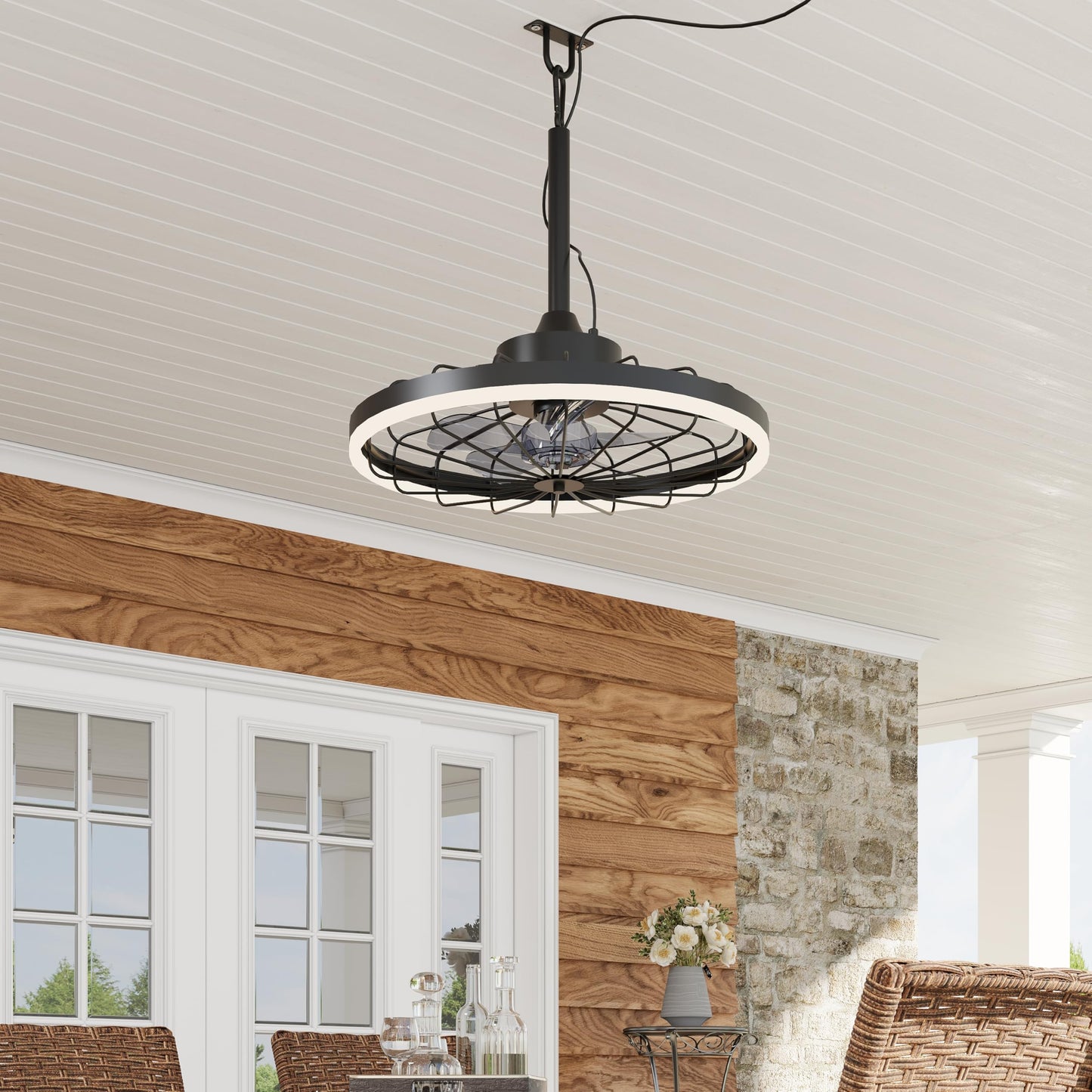 Lanxithen Plug In Outdoor Ceiling Fan, 20 Inch Caged Ceiling Fan with Light