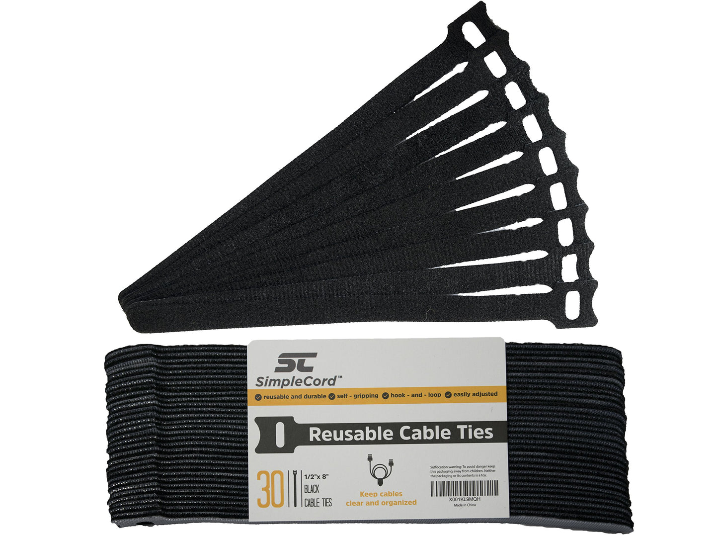 Cable Management Ties(30) 8" Reusable Self-Gripping Cord Straps- Organize Cables, Cords, and Wires- Simple Cord Organizer for Desks and Office (Black)
