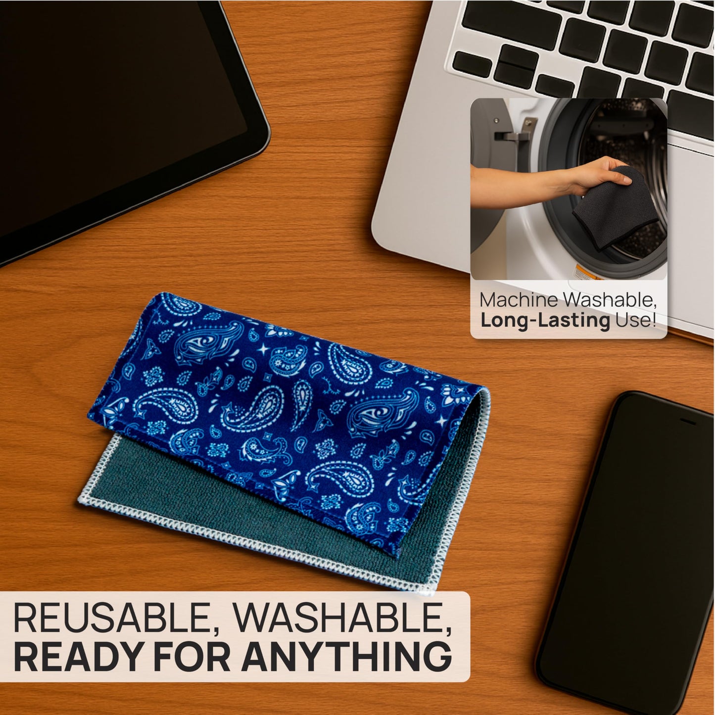 Quick Cloth Microfiber Glasses Cleaning Cloths - 5x7, Paisley Blue, 2 Pack with Case | Double-Sided Lens Cleaner for Eyeglasses, Camera, Screens