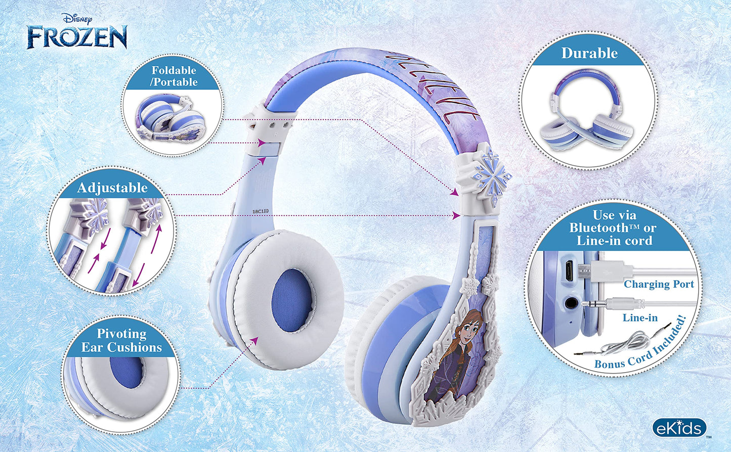 eKids Disney Frozen 2 Bluetooth Headphones with Microphone, Volume Reduced to Protect Hearing, Adjustable Wireless Headphones for School Home Travel…