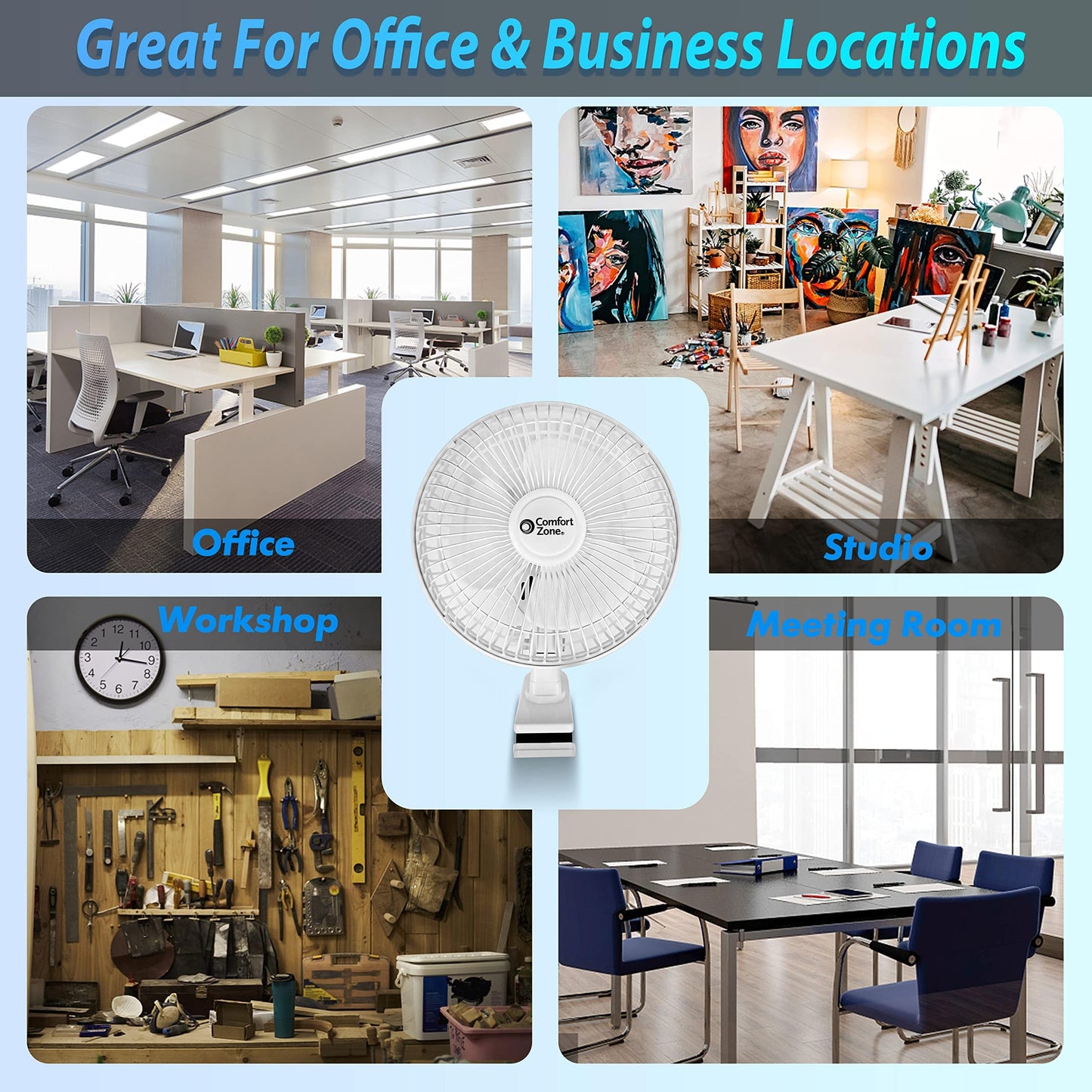 Comfort Zone Portable Clip on Fan with Fully Adjustable Tilt, Electric, 6 inch, Quiet, Indoor, 2 Speed, Mini Desk Fan, Table Fan, Airflow 6.53 ft/sec