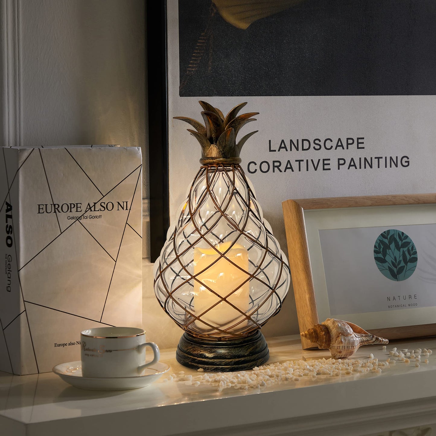 MOZEAL 13" Outdoor Glass Pineapple Lantern,Ip44 Waterproof,6 Hours Timer,Decorative Candle Lantern,with Flameless Candles,Battery Operated,for Front